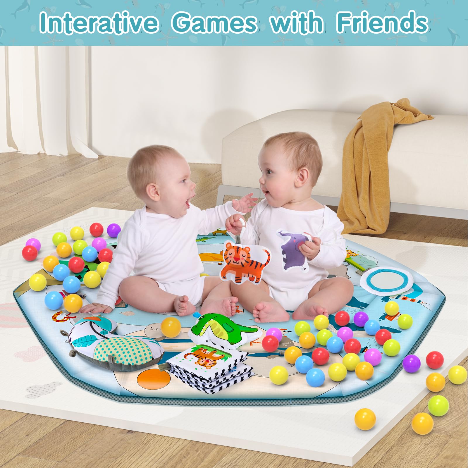 VZO 2-in-1 Baby Gym Play Mat & Ball Pit - Infant Activity Center for Tummy Time, Crawling & Learning | Soft Play Mat for Babies 0-12 Months | Perfect Nursery, Living Room & Daycare Floor Mat for Newborns, Infants & Toddlers