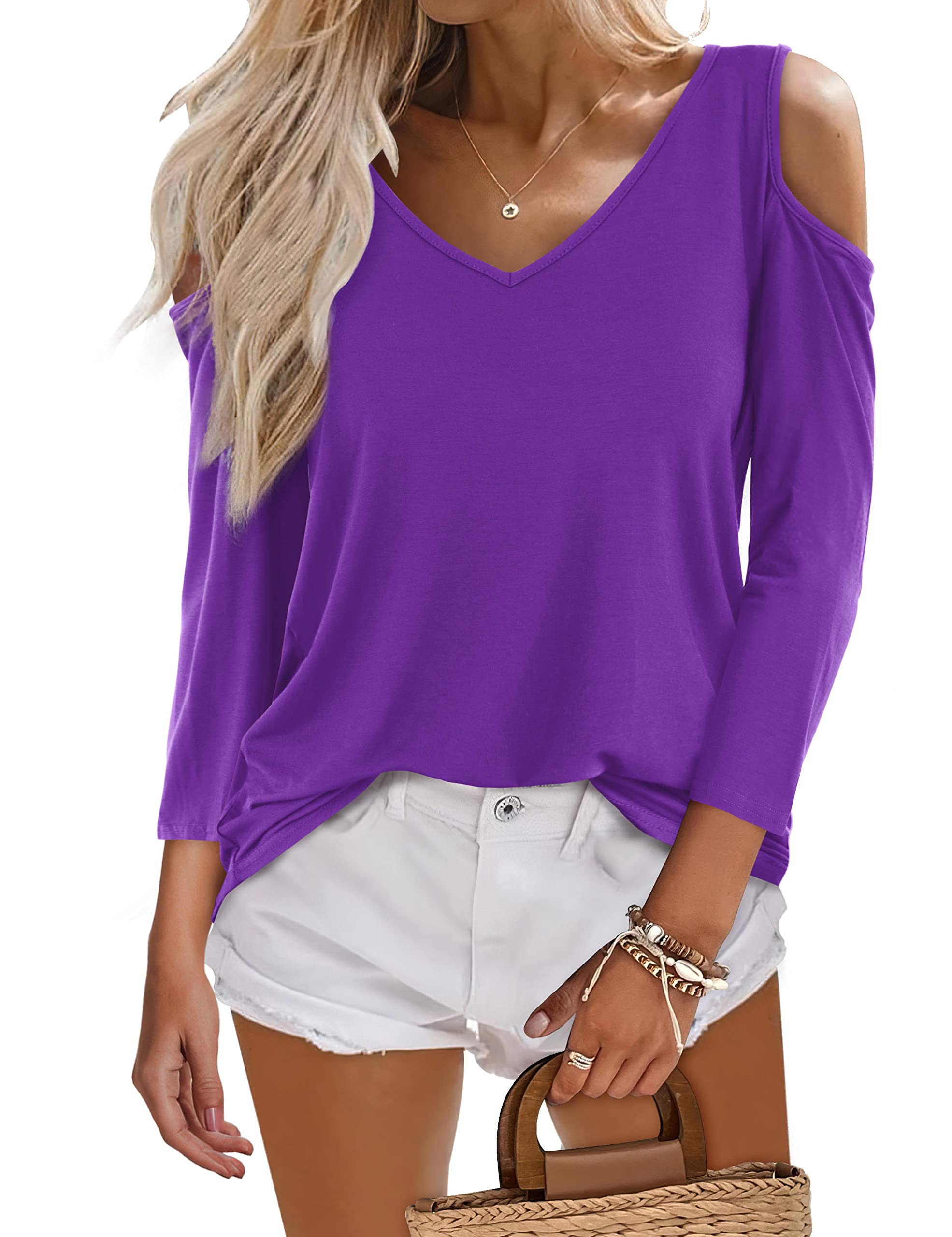 Amoretu Women's Long Sleeve Cold Shoulder V-Neck Blouse Tunic Top - Elegant Casual Shirt for Work, Date Night & Fall Outfits