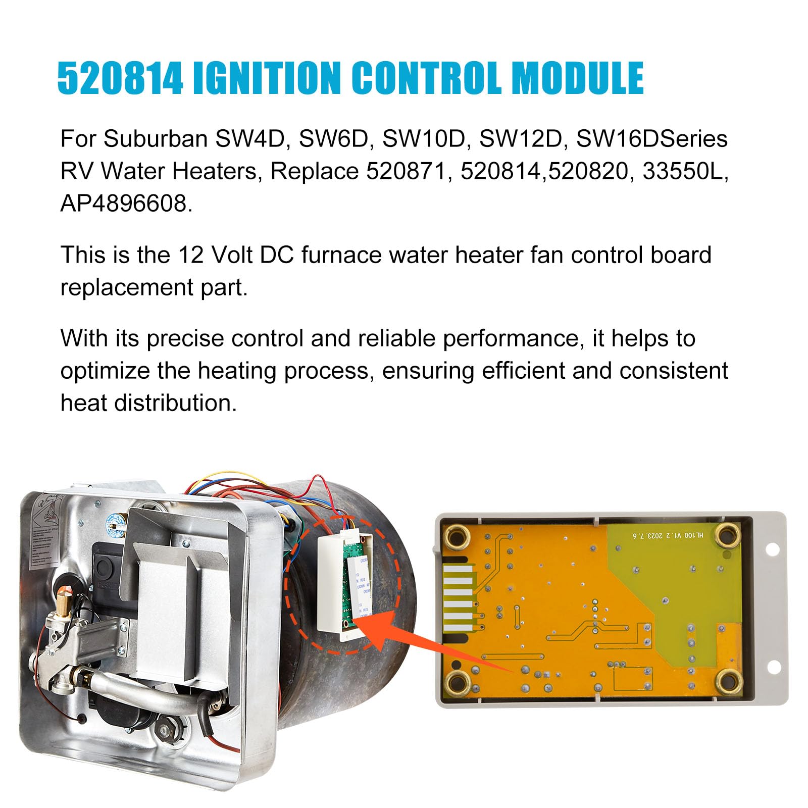 520814 RV Water Heater Circuit Board Replacement - Compatible with Suburban RV Water Heaters & Furnaces, Fits Models 520820/520871/33550L/AP4896608 (Includes Cover Band) - Perfect for RV Maintenance and Repair