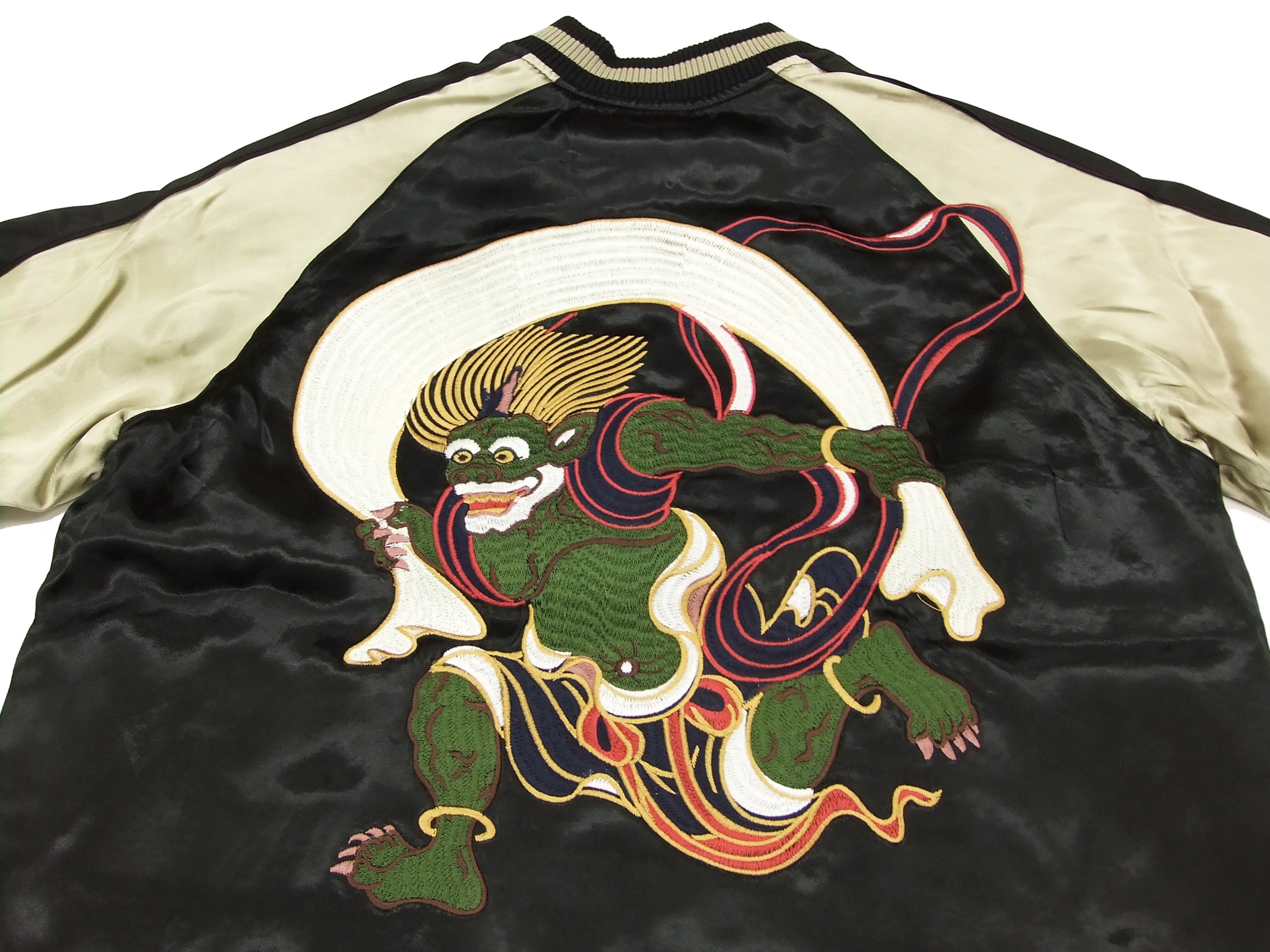 Japanese Souvenir Jacket - Fujin Raijin Men's Sukajan Black/Gold | Vintage Bomber Jacket with Japanese Embroidery | Perfect for Streetwear, Cosplay & Fashion Collectors