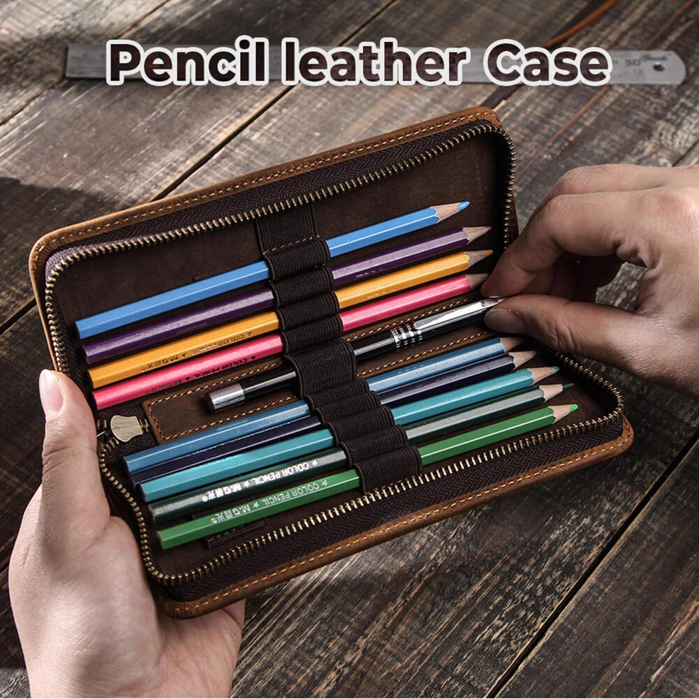 Premium Hiram Leather Pencil Case - Genuine Crazy Horse Cowhide Pouch for School, Office & Travel | Durable Coffee-Colored Leather Cosmetic & Stationery Organizer | Perfect for Students, Artists & Professionals