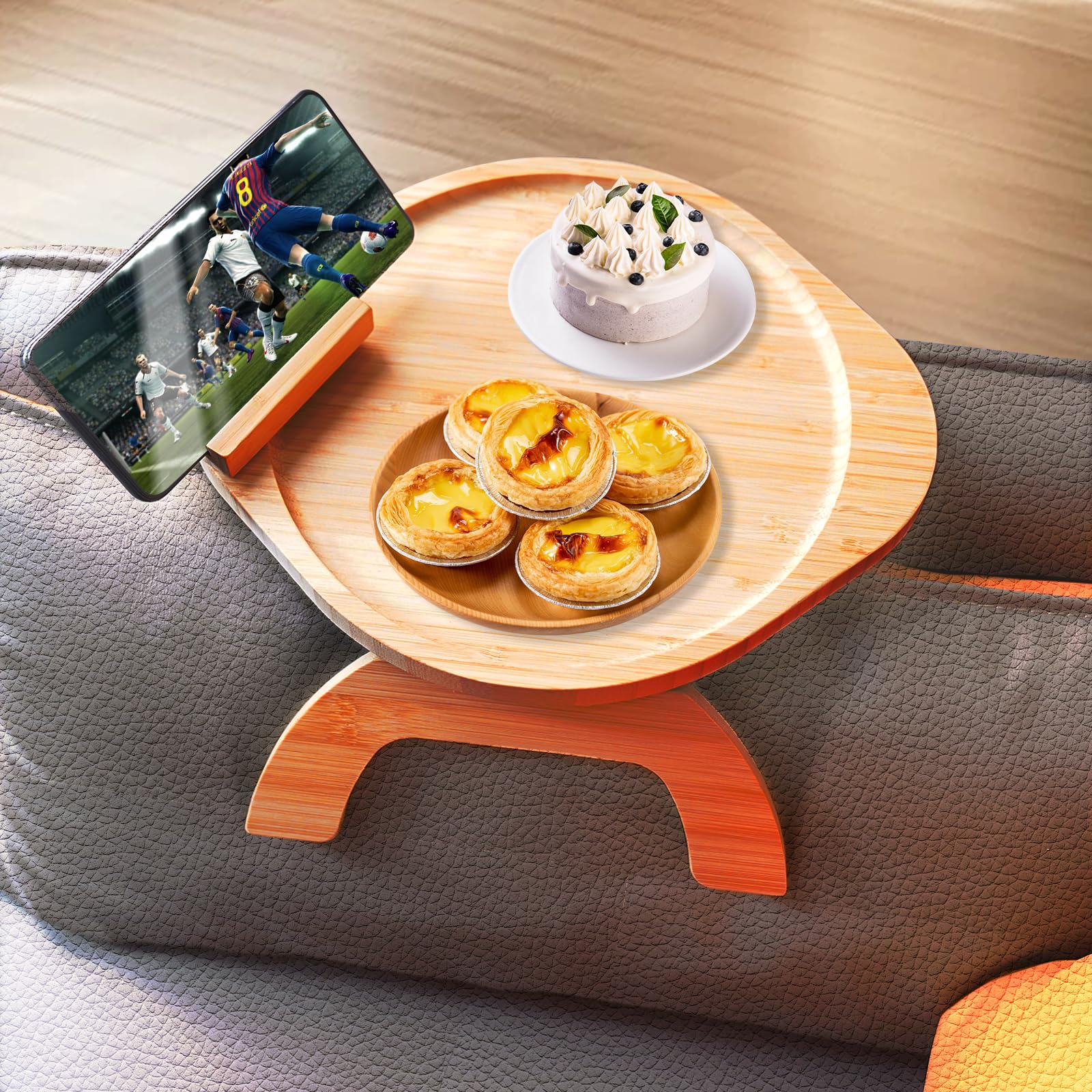 360° Rotating Clip-On Bamboo Sofa Arm Tray with Anti-Slip Design & Cup Holder - Foldable Couch Armrest Table for Laptop, Snacks, Drinks | Perfect for Living Room, Bedroom, Office & Home Theater Use