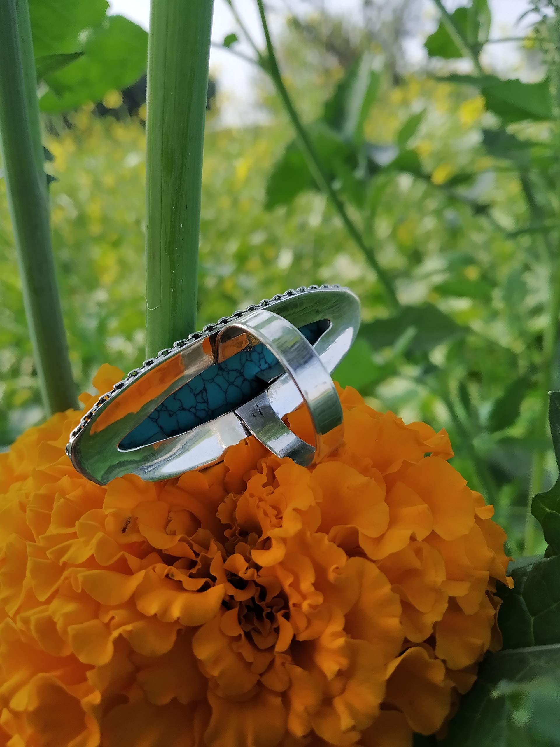 Turquoise Statement Ring - Sterling Silver Bohemian Jewelry with Marquise Gemstone, Vintage Style Long Ring for Women | Perfect Bridal Gift, Promise Ring & Full Finger Ring for Boho Fashion & Special Occasions