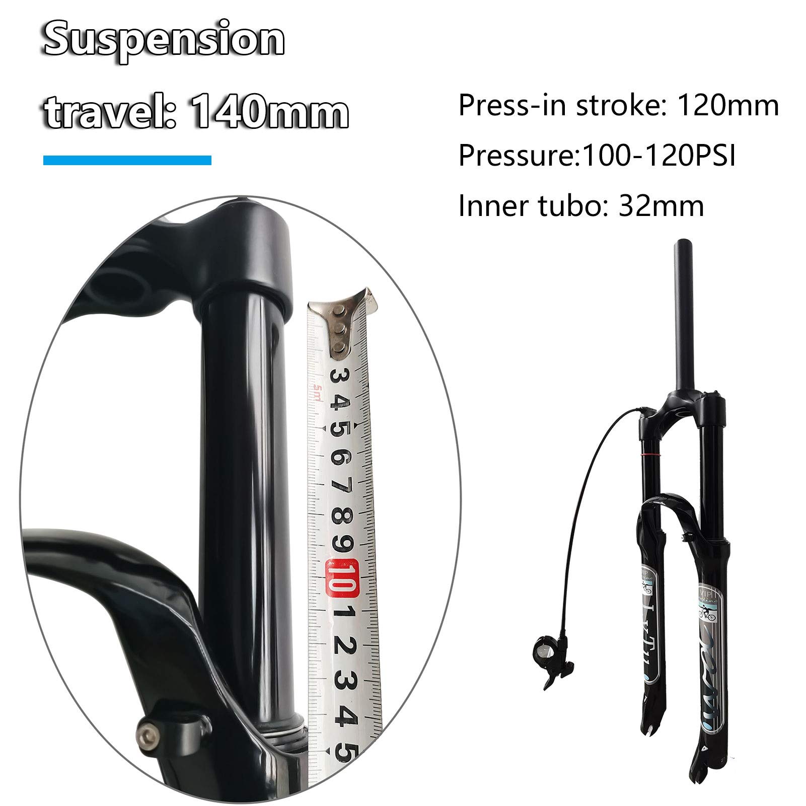 **Mountain Bike Air Fork 26/27.5/29 Inch - Aluminum Alloy 140mm Travel Suspension Fork with Adjustable Damping - Tapered Remote Lock Out (Black, 29