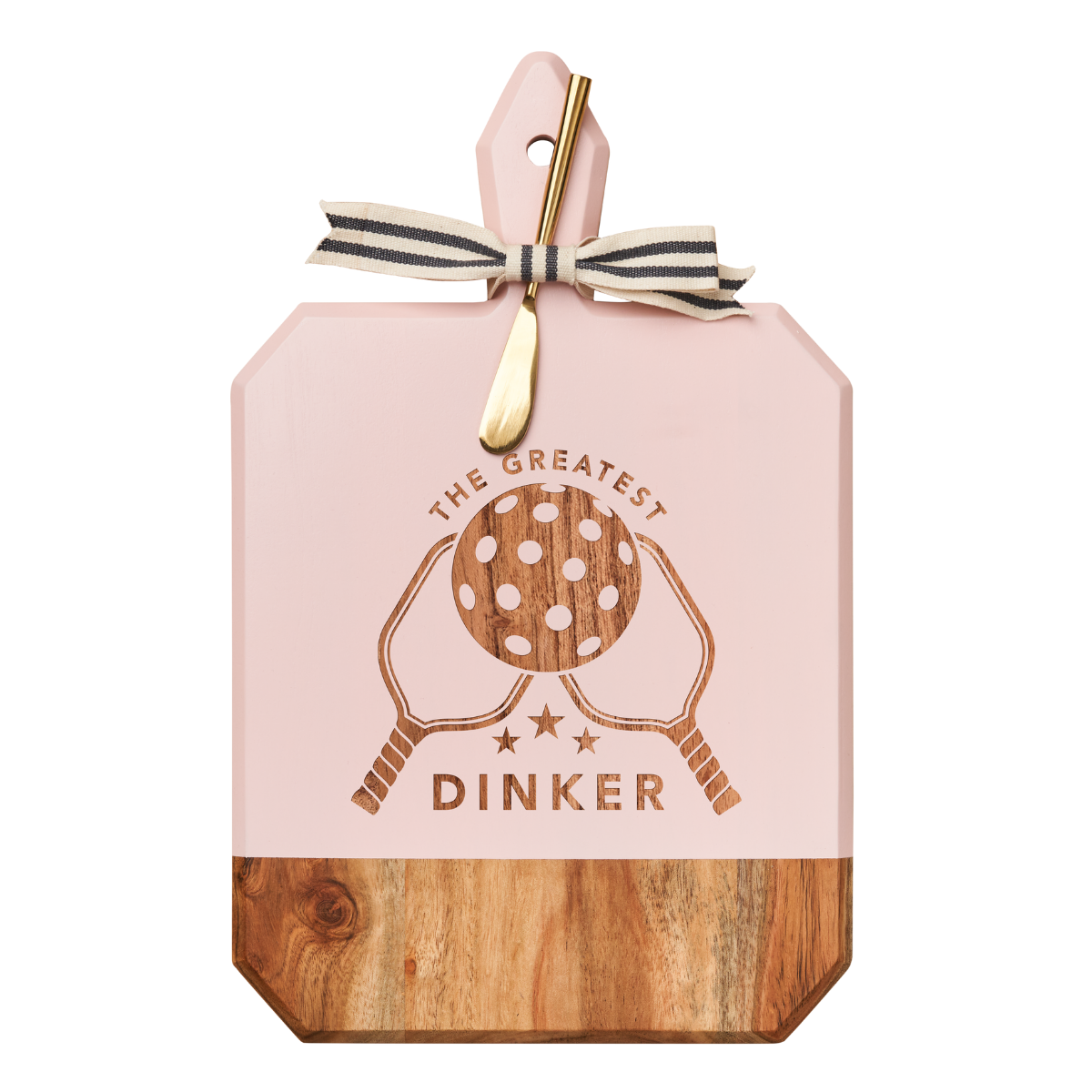 Acacia Wood Heirloom Serving Board with Round Handle & Gold Spreader - Blush, Gray & White Ribbon - 16 x 10 Inch - Perfect for Charcuterie, Cheese Display & Dinner Party Serving
