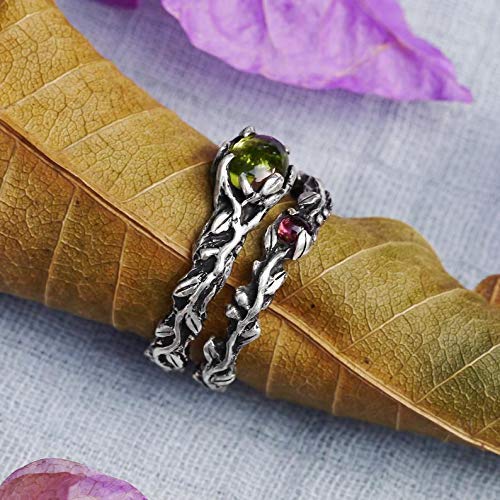 Set of 2 Vita + Band Engagement Rings - Custom Made Chrysolite & Tourmaline Wedding Ring Set, Twig Design Stackable Rings for Women | Perfect for Proposals, Anniversaries & Everyday Wear