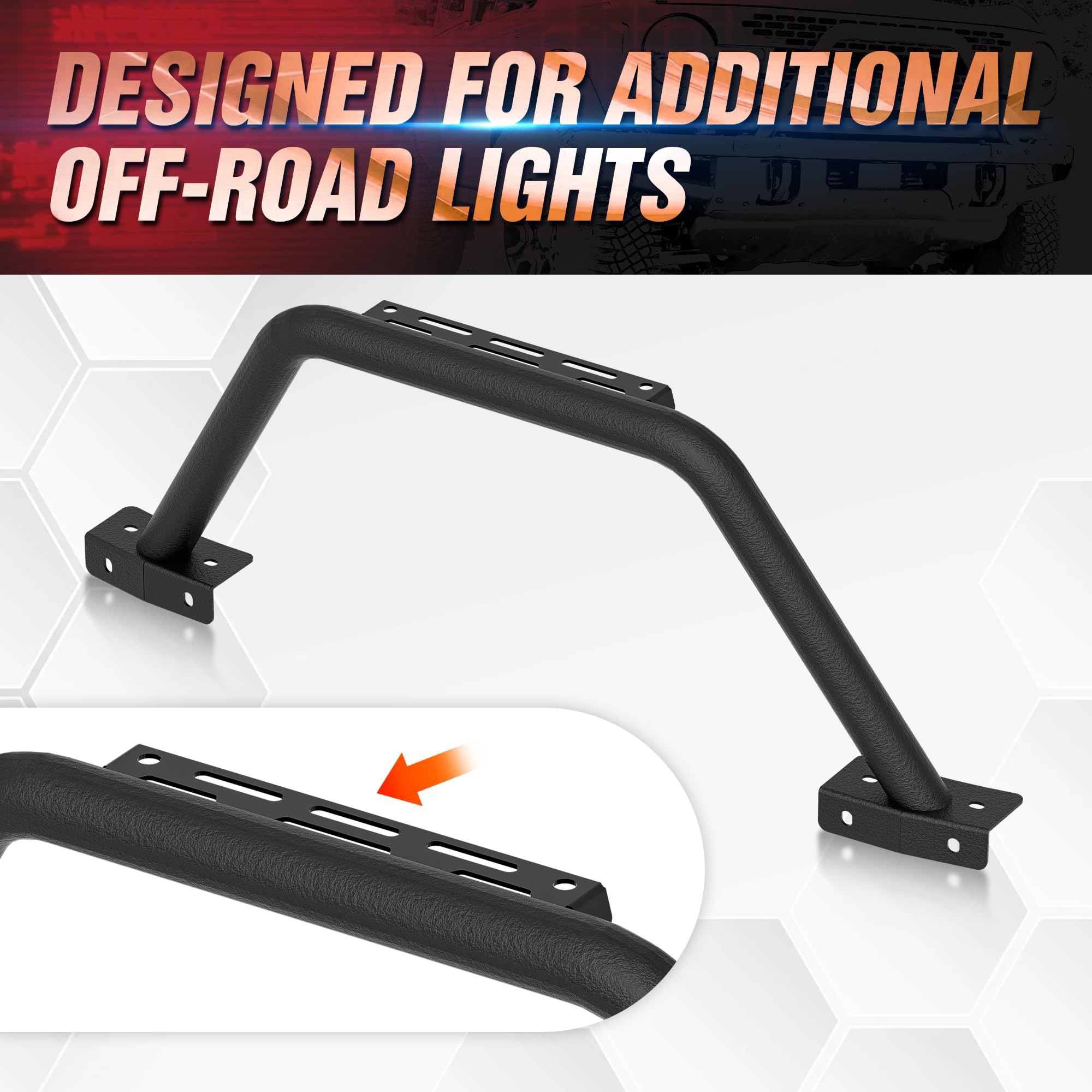 Heavy Duty Bull Bar Grille Guard with LED Light Mount for 2021-2024 Ford Bronco 2/4 Door | Compatible with Modular Steel Front Bumper | Off-Road Bumper Rack Push Bar | Black Powder Coated | Perfect for Rock Crawling & Trail Adventures