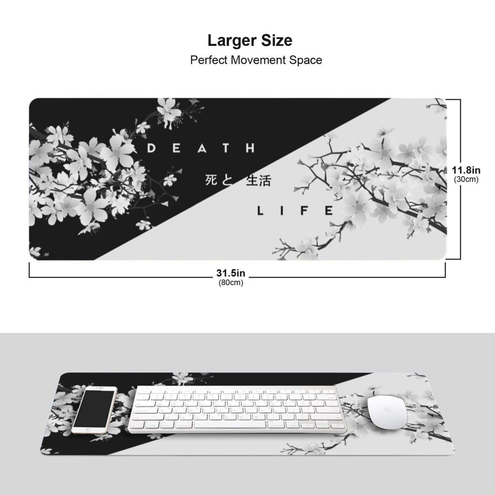 Cherry Blossom Gaming Mouse Pad - Extra Large 31.5 x 11.8 Inch Non-Slip Rubber Base with Stitched Edges | Black & White Design for PC Gaming, Office Work & Home Desk Use