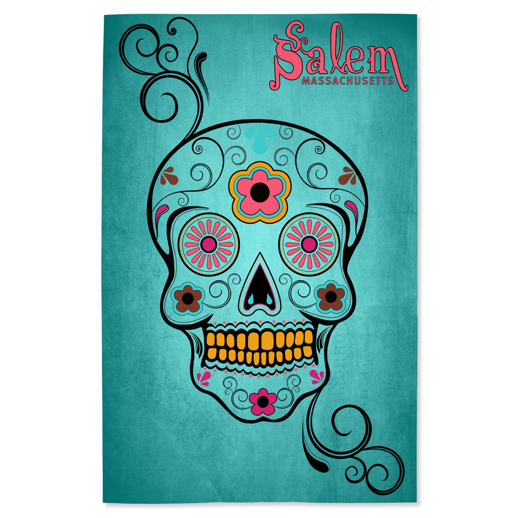 Lantern Press 16x24 Inch Giclee Art Print - Salem Massachusetts Sugar Skull Wall Decor with Aqua Blue Background | Perfect for Halloween, Dia de Los Muertos, Gothic Home Decor & Office Art