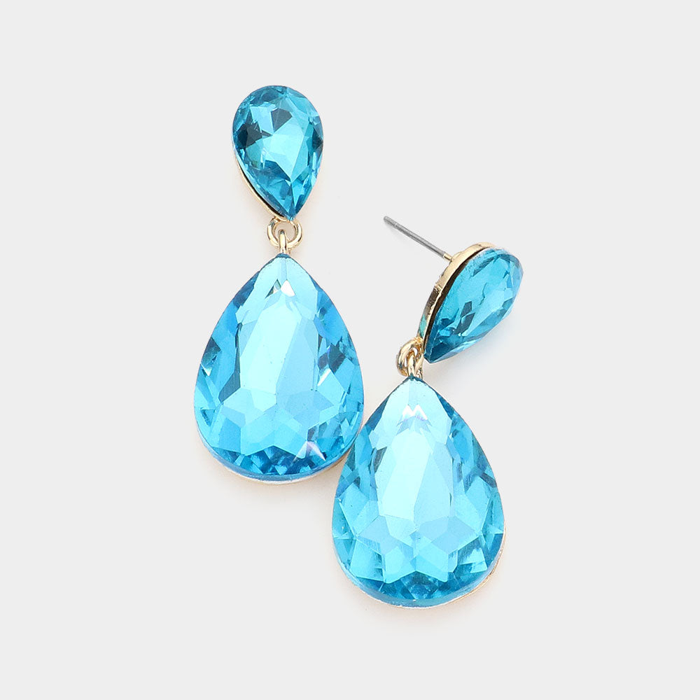 Aqua Crystal Double Teardrop Pageant Earrings for Little Girls - Elegant Rhinestone Dangle Earrings for Kids Pageants, Birthday Parties & Special Occasions | 509487