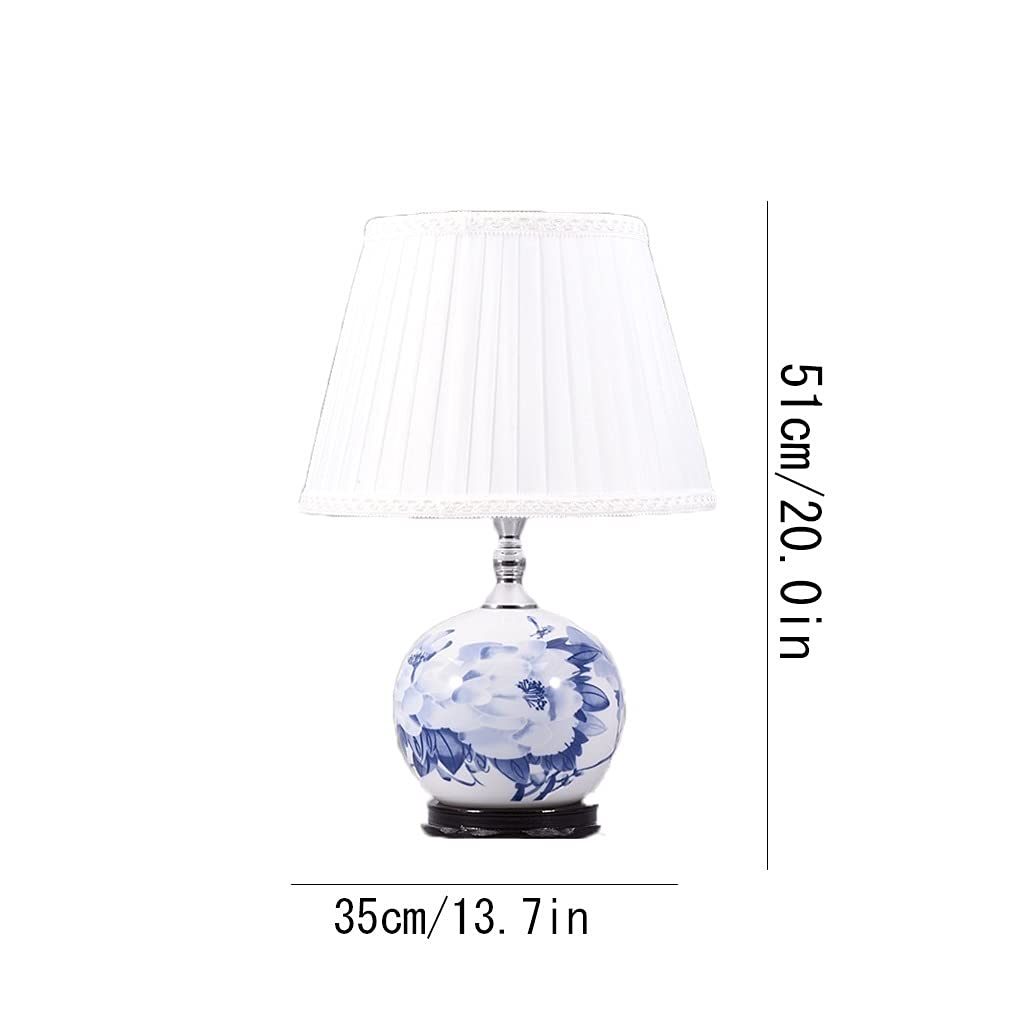 Chinese Style Blue and White Hollow Ceramic Table Lamp - Handcrafted Retro Bedside Nightstand Lamp with Printed Fabric Shade | Perfect for Bedroom, Living Room & Office Decor (White)