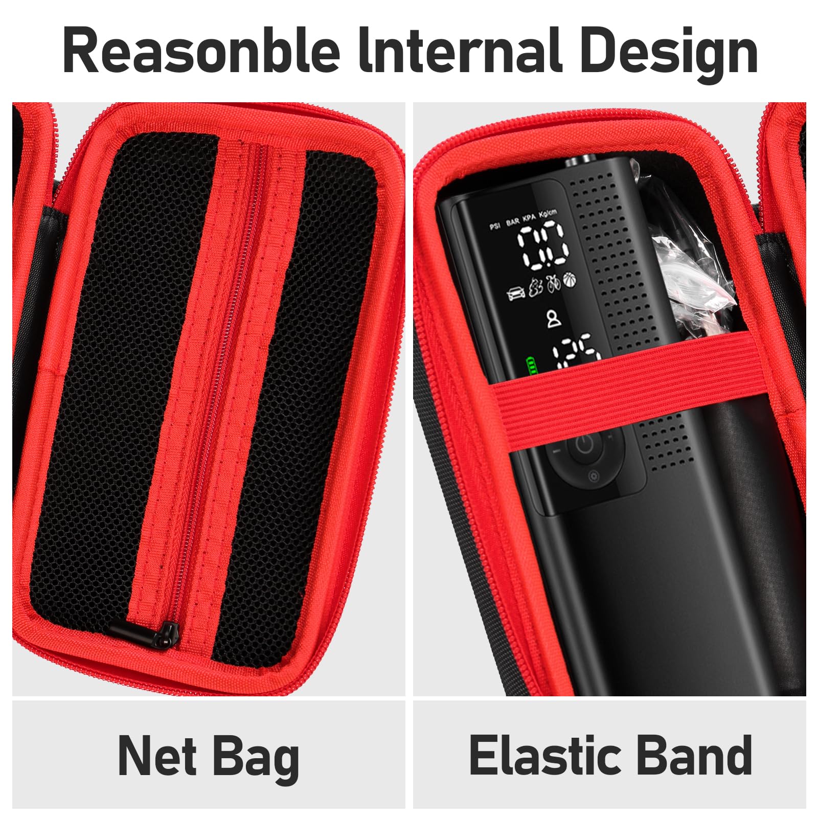 Portable Air Compressor Storage Case for Airmoto Tire Inflator - 120 PSI Air Pump Accessories Organizer with Car Tire Pressure Gauge (150 PSI) - Fits Air Hose & Connectors - Durable Black+Red Zipper Box - Perfect for Road Trips, Emergency Car Maintenance & Garage Organization