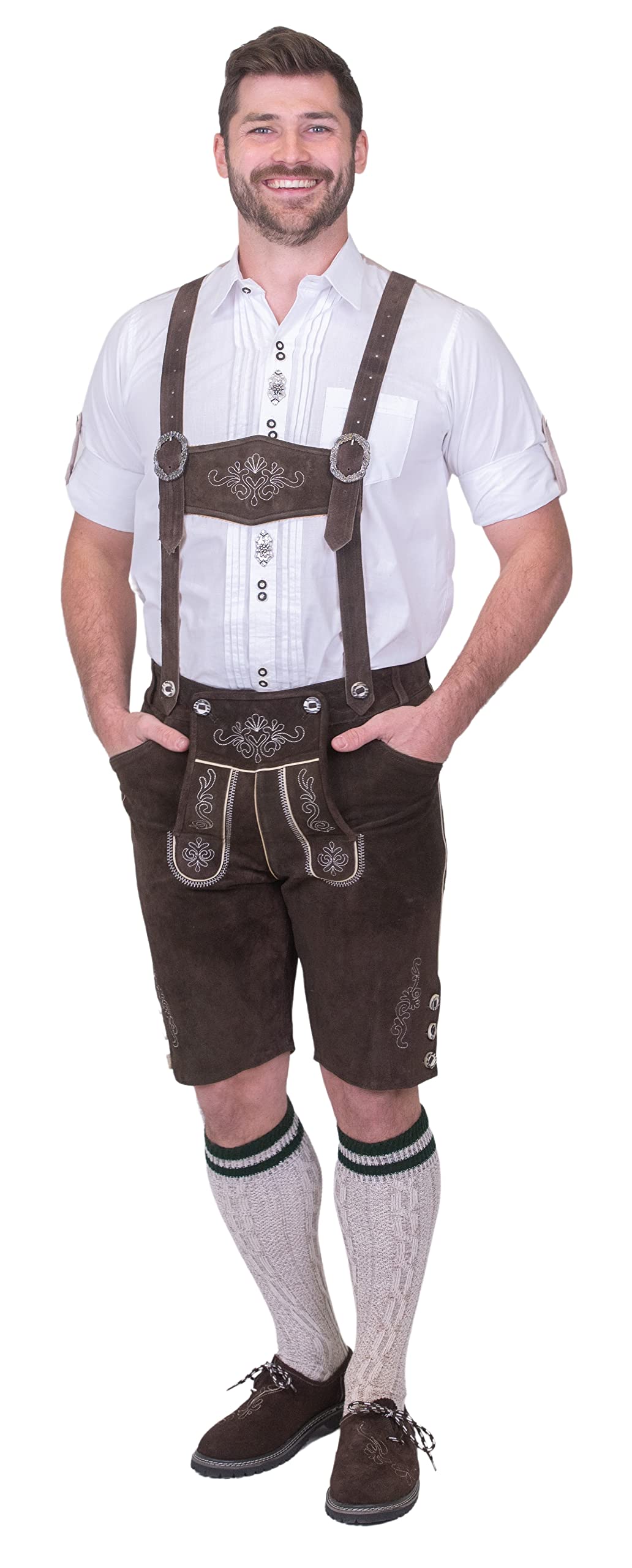 Authentic German Dirndl Trachten Haus 2-Piece Brown Leather Lederhosen Shorts for Oktoberfest | Bavarian Traditional Costume for Adults | Perfect for Halloween, Beer Festivals & Cultural Events