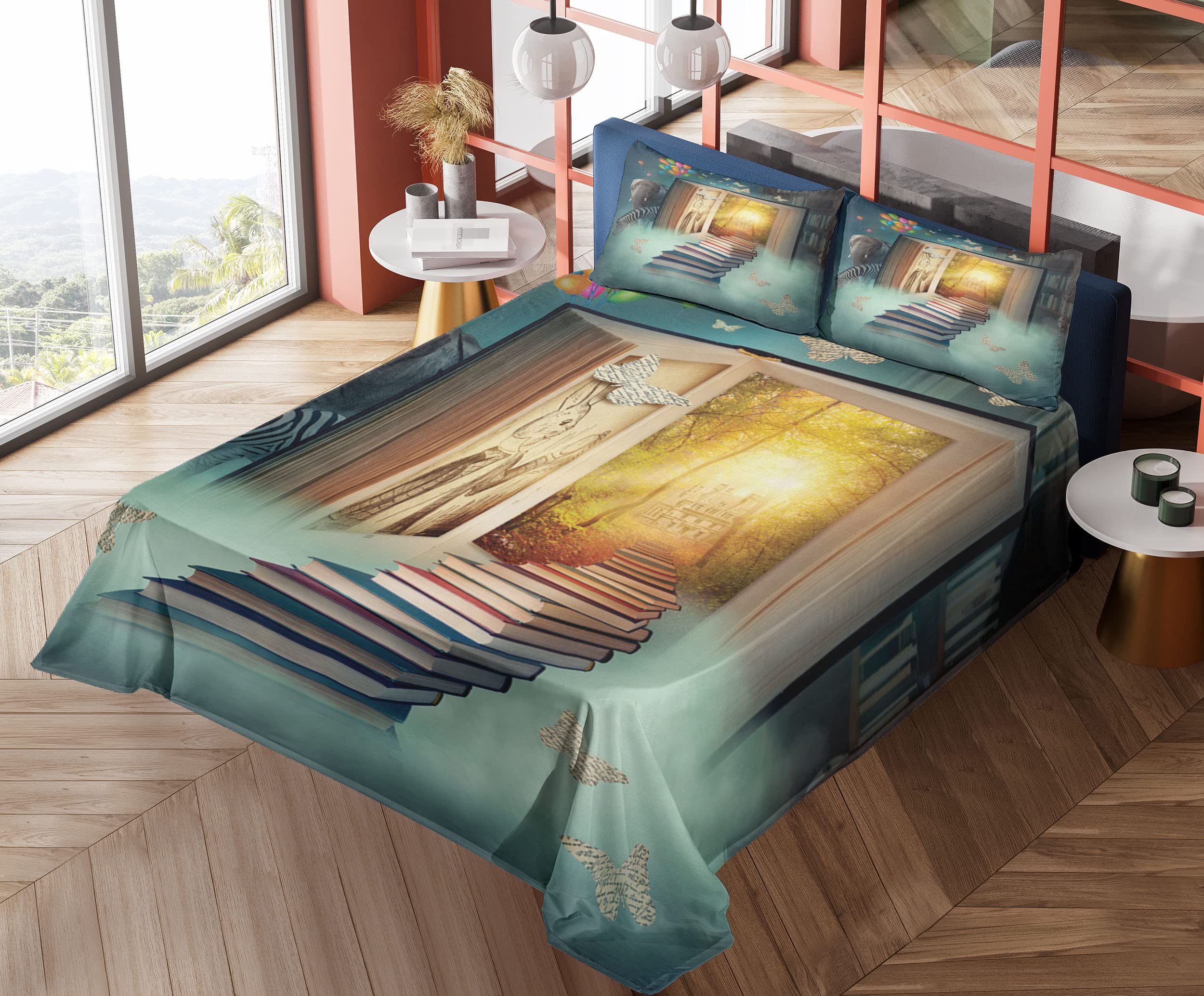 Ambesonne Fantasy Bedding Set 4-Piece - Magic Book Forest Balloon Zebra Animal Butterflies Design, King Size Fitted & Flat Sheet with Pillowcases, Teal & Yellow - Perfect for Kids' Rooms, Fantasy Themed Bedrooms & Unique Home Decor
