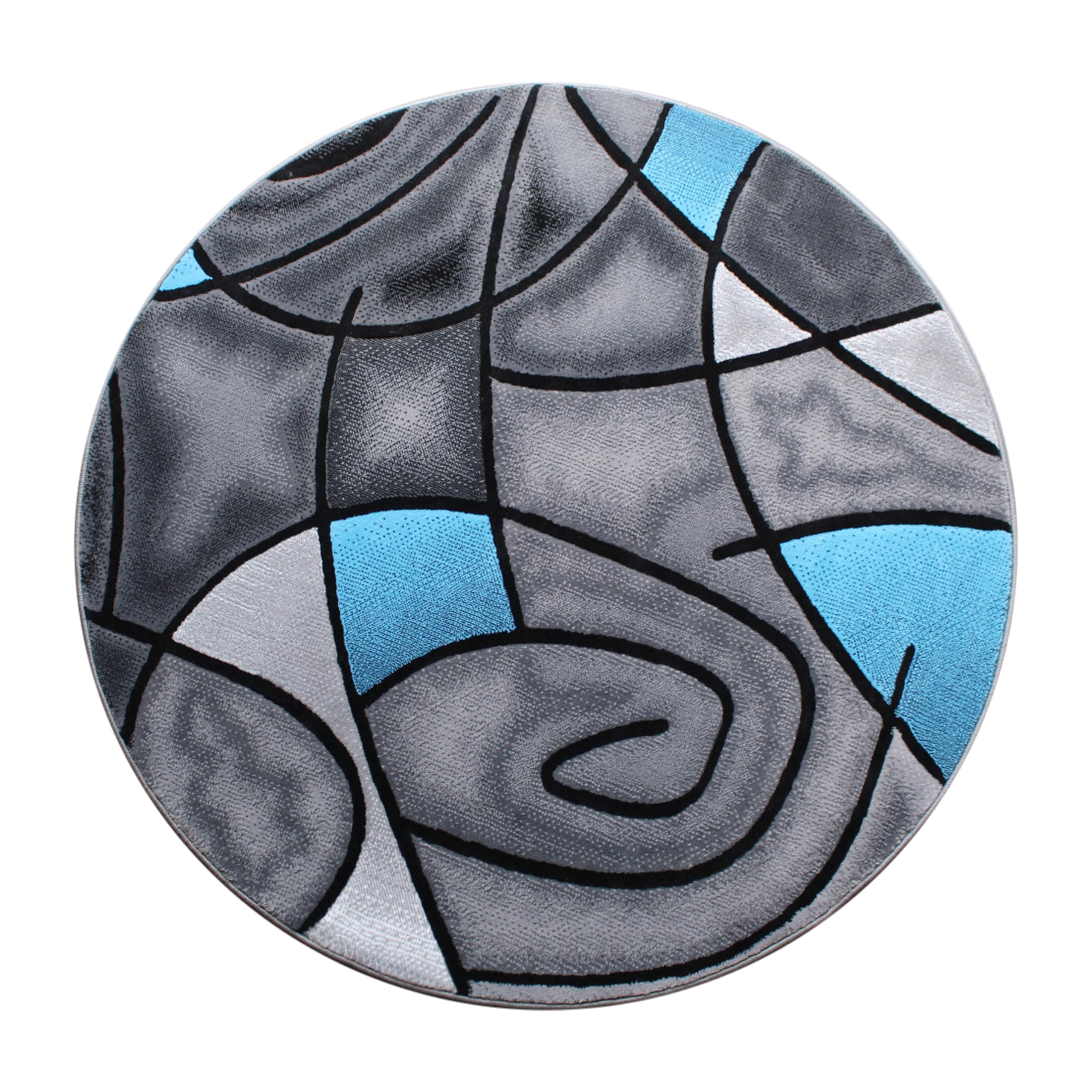 EMMA + OLIVER Soft Plush Olefin Accent Rug - Modern Abstract Geometric Design with Gradient Gray & Blue Colors - 5x5 Round Stain Resistant Area Rug for Living Room, Bedroom, Nursery