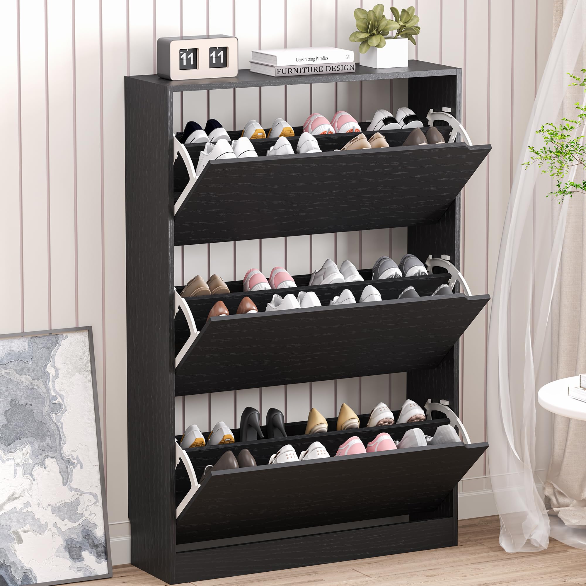 3-Tier Flip Drawer Shoe Storage Cabinet - Narrow Freestanding Shoe Rack Organizer for Entryway, Hallway, Closet - Space Saving Black Shoe Shelf for Small Spaces, Apartments & Dorm Rooms