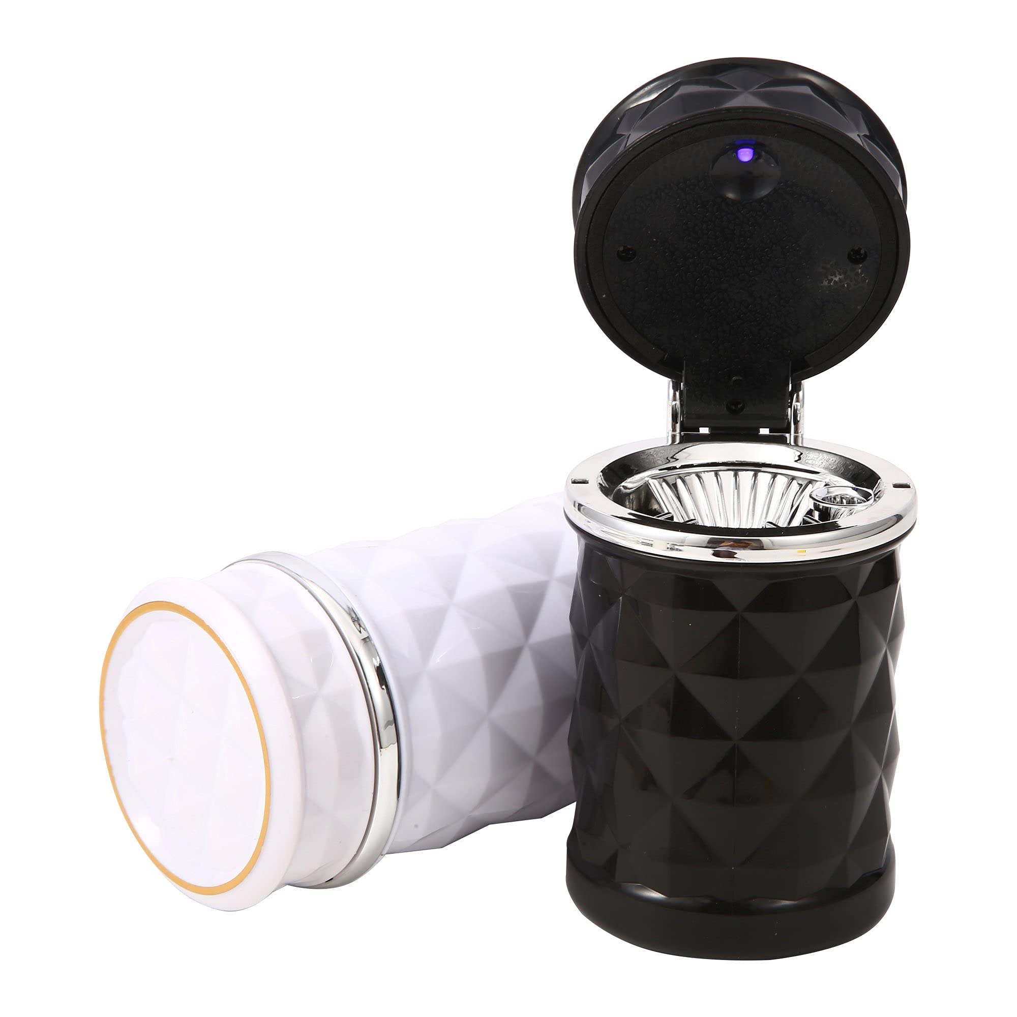 STOP ONE Car Ashtray with Blue LED Light - Portable Windproof Auto Ash Tray with Clamshell Lid, Detachable Mini Car Trash Can for Travel - Durable PP Material, Black & White 2-Pack - Perfect for Road Trips, Camping & Smoking in Vehicles
