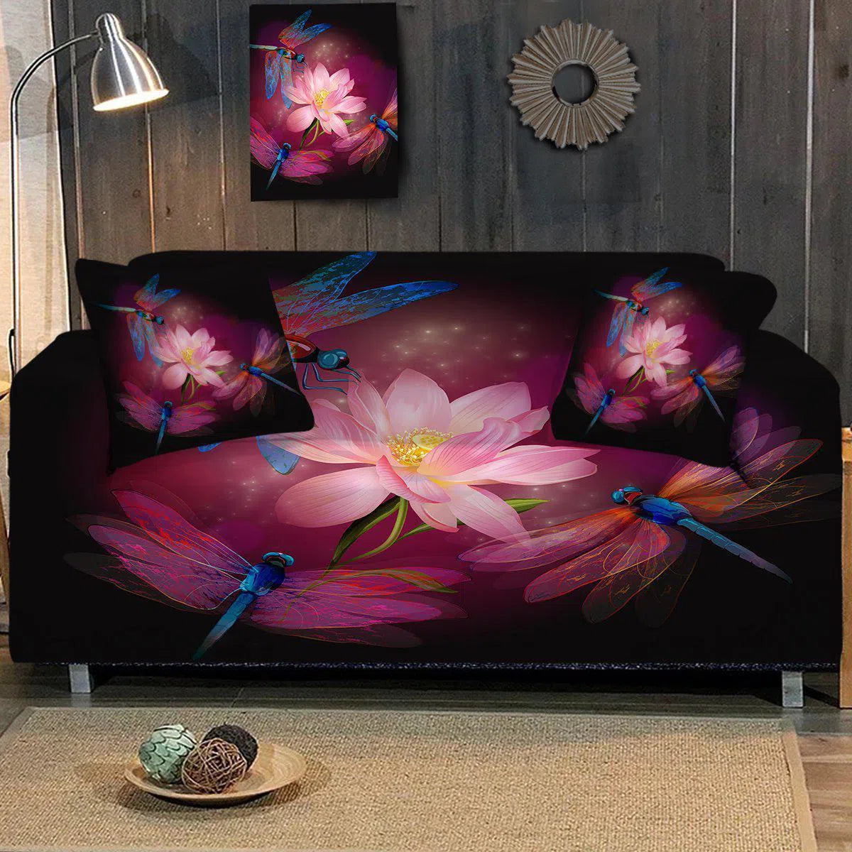 Dragonfly & Lotus Couch Cover - Soft Stretch Sofa Slipcover for Living Room Decor, Home Protection - Perfect for Pets, Kids & Daily Use