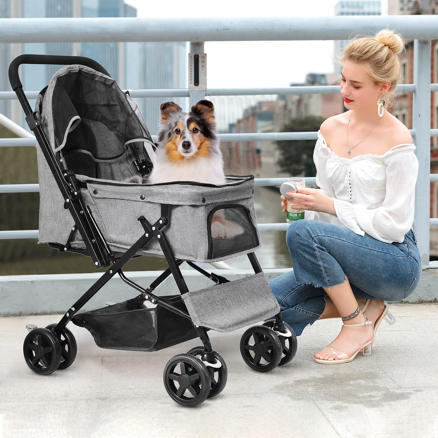 Premium Foldable Dog Stroller for Large & Medium Dogs & Cats - Reversible Handle, Spacious Storage Basket - Ideal for Travel, Walks & Vet Visits (Gray)