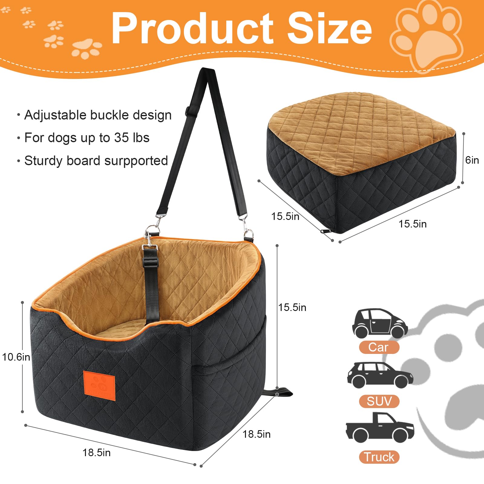 Small Dog Car Seat with Memory Foam - 35 lbs Pet Booster Seat | Washable Cover & Storage Pockets | Perfect for Car Travel & Road Trips with Your Puppy