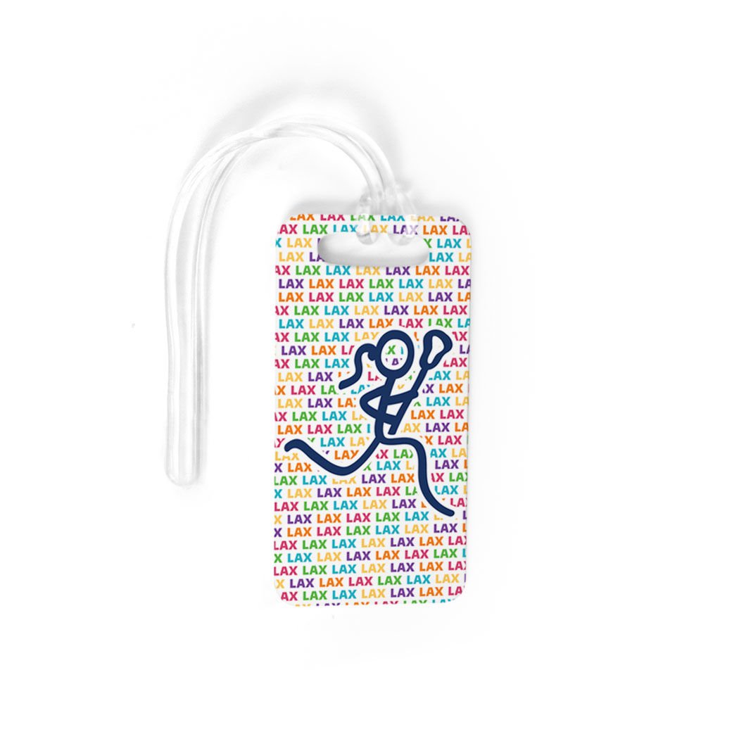Custom Girls Lacrosse Luggage Tag - Personalized Female Lacrosse Stick Player Design with Info Panel - Small White Bag Tag for Travel & Sports Gear