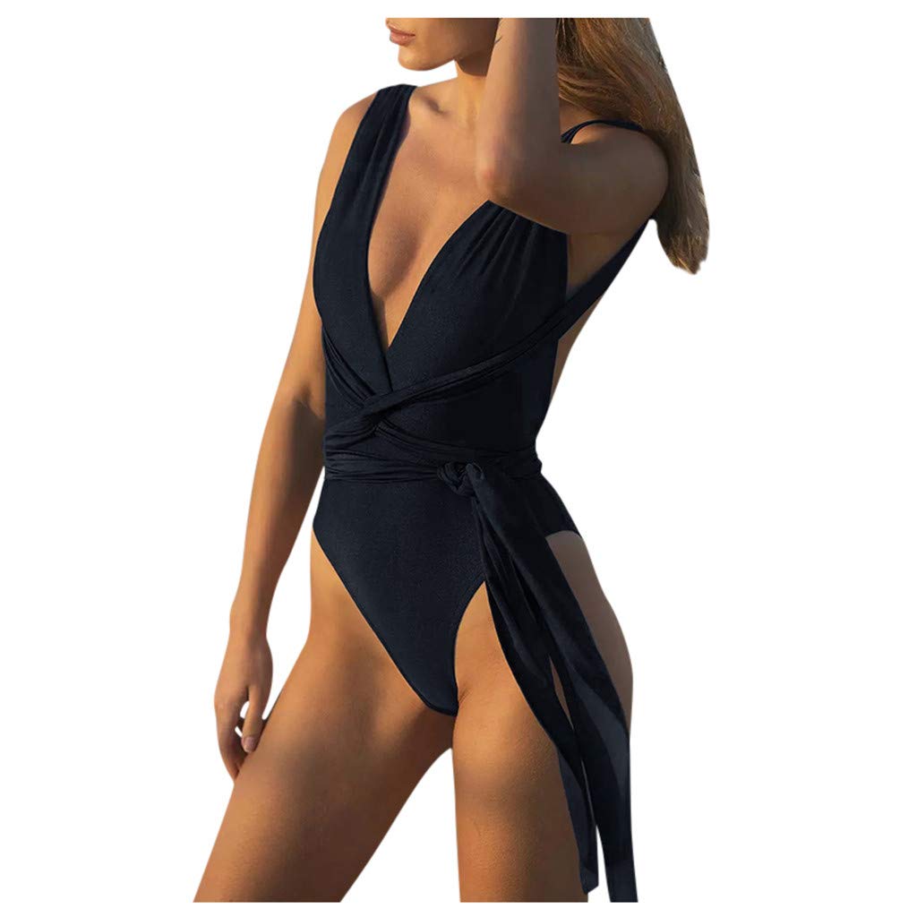 Women's One Piece Swim Dress - V Neck Tie Front Padded Bikini Swimwear in Yellow | Beach Vacation, Pool Party & Summer Swimwear for Women