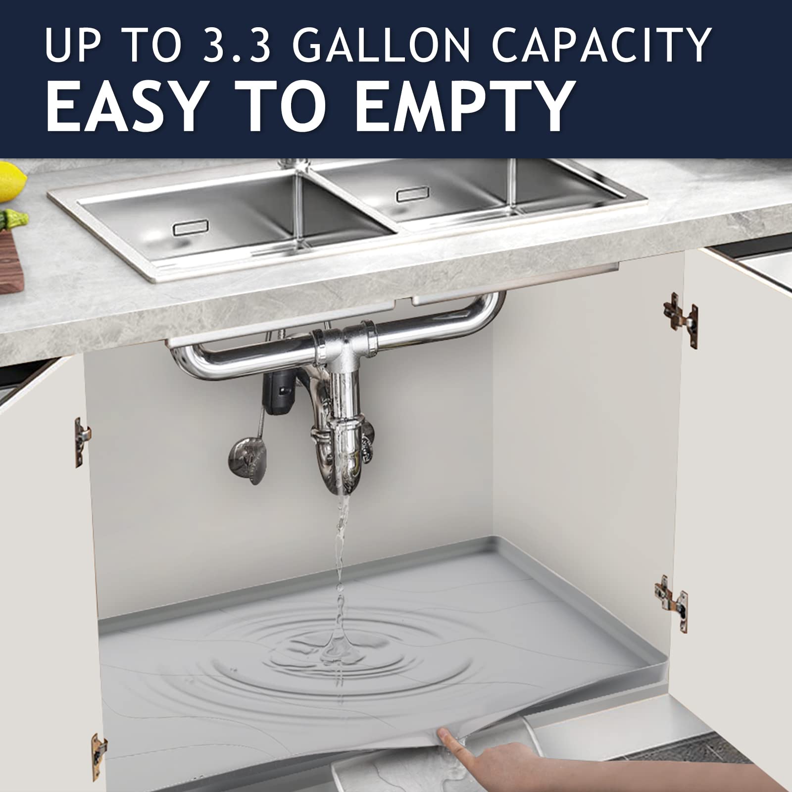 Heavy Duty Under Sink Mat 28x22 Inch - Extra Thick Silicone Waterproof Cabinet Liner for Kitchen & Bathroom - Durable Drip Leak Spill Protector - Non-Slip Gray Sink Mat - Perfect for Countertop, Cabinet & Floor Protection