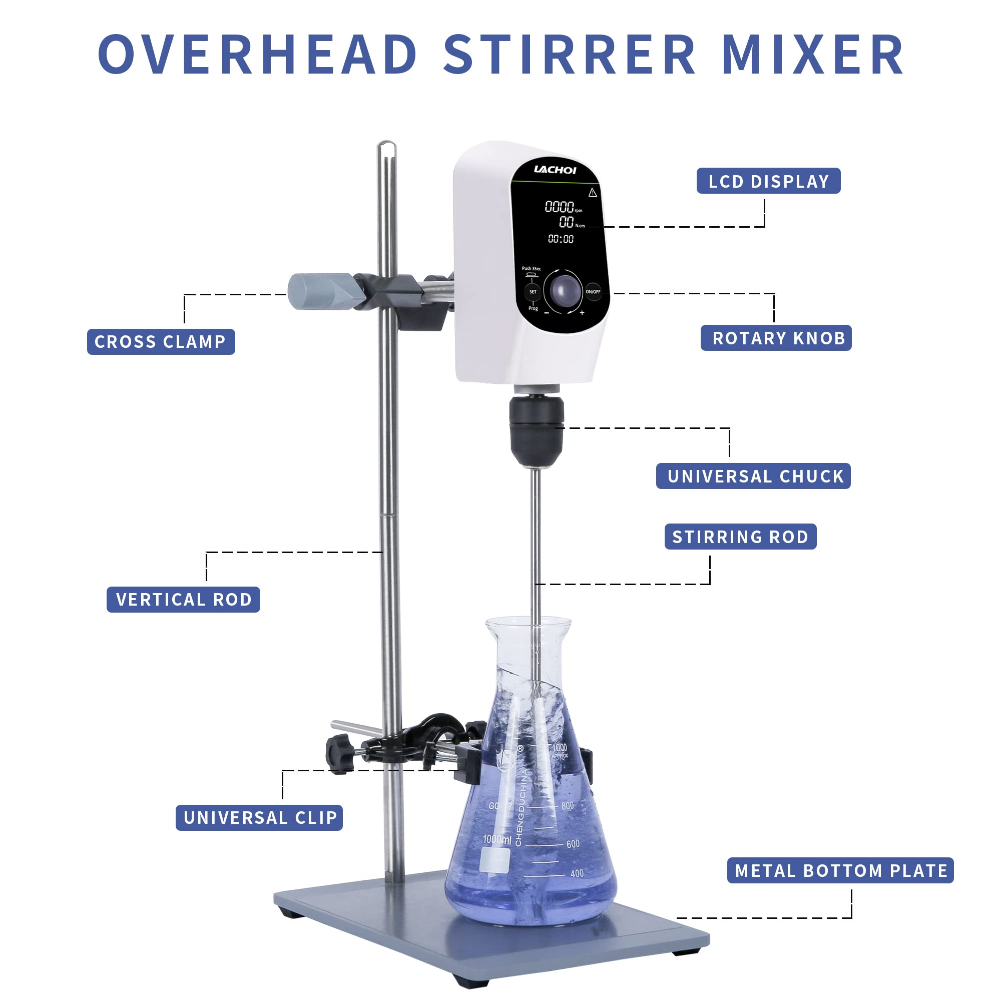 **Digital Overhead Stirrer Mixer 100-2000 RPM, 20L Max Capacity, 10000mPas Viscosity, LCD Display - Powerful Lab Mixer with Stirring Rod & Stand for Chemical, Food, and Cosmetic Blending**    *(Perfect for Laboratory Experiments, Food Preparation, and Industrial Mixing Applications)*