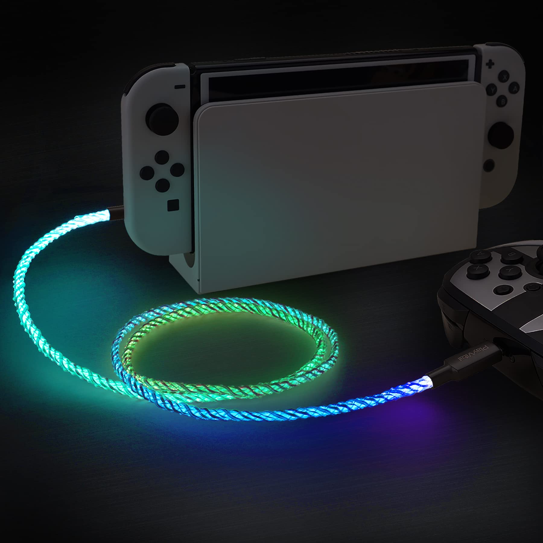 PlayVital 3.28FT LED Illuminated USB-C Charging Cable for PS5 Controller - Universal Fast Charging Cord for Xbox Core/Elite Series 2, Switch Pro Controller - Gaming Accessory for Night Play & Charging