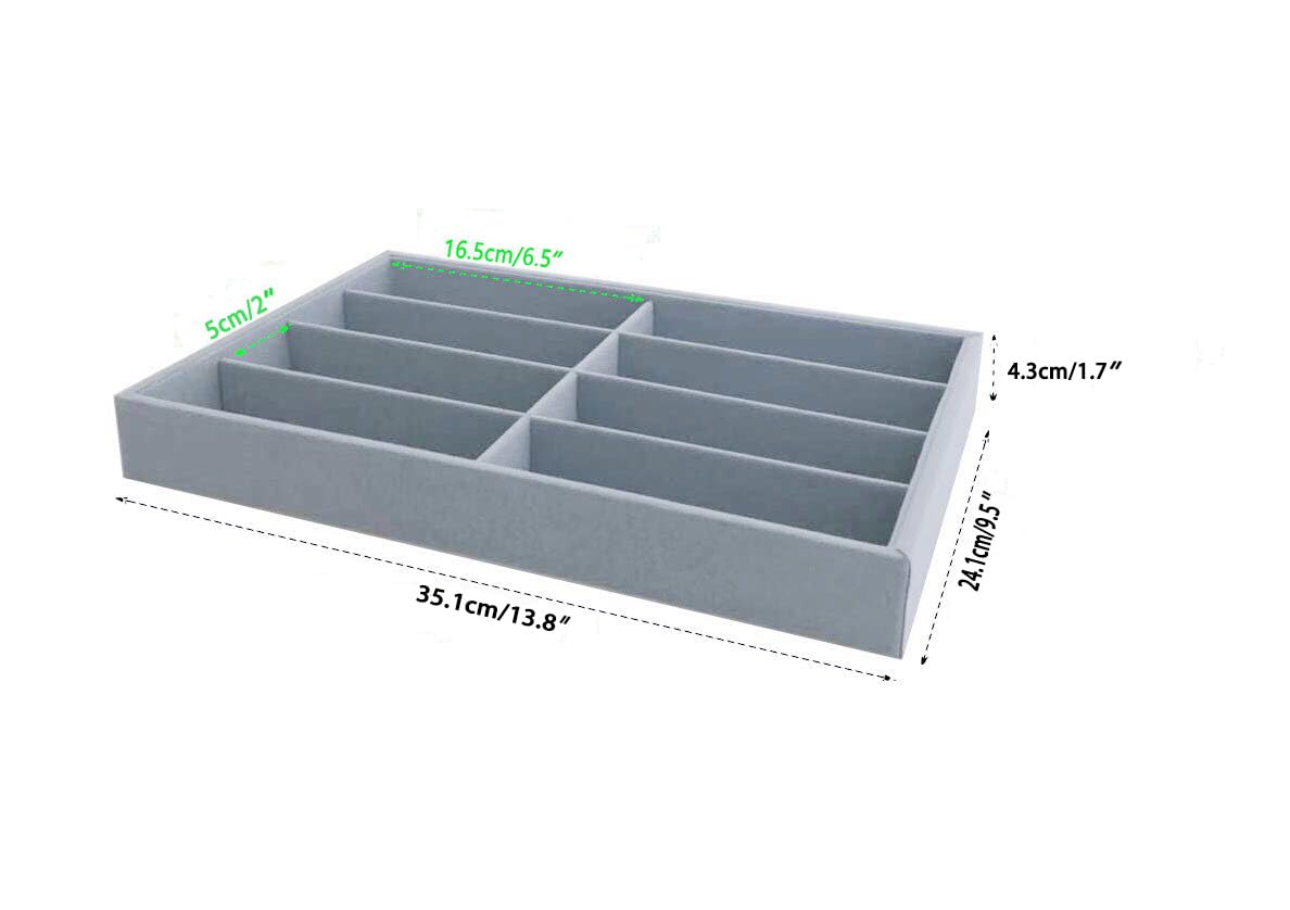 Premium Velvet Grey Jewelry Tray - Stackable Eyewear Organizer & Drawer Insert Divider for Sunglasses, Watches, Rings - Perfect for Bedroom Vanity, Travel Case & Gift Box Organization