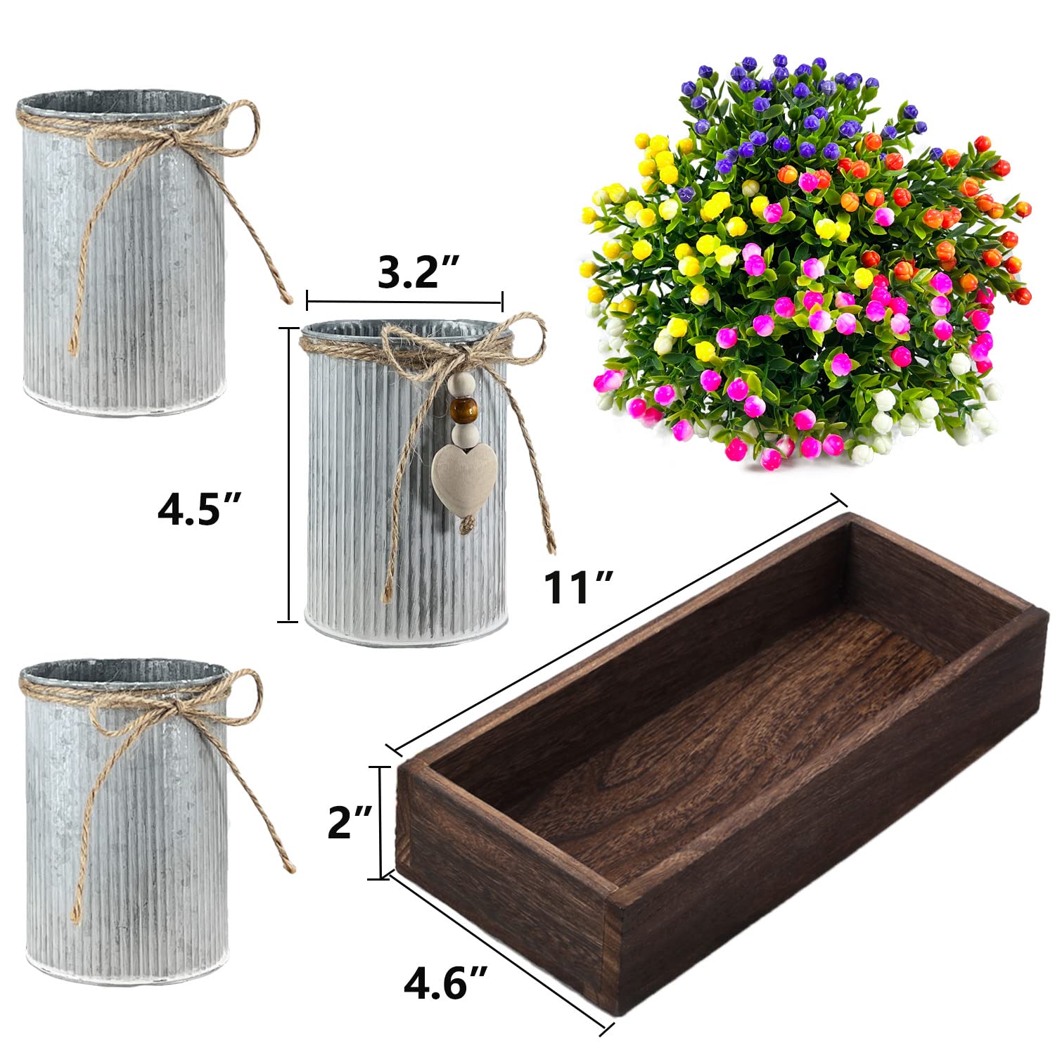 Rustic Wooden Tray with 3 Metal Potted Artificial Milan Flowers - Farmhouse Centerpiece Decor for Dining Table, Living Room & Kitchen | Perfect for Wedding, Party & Home Styling