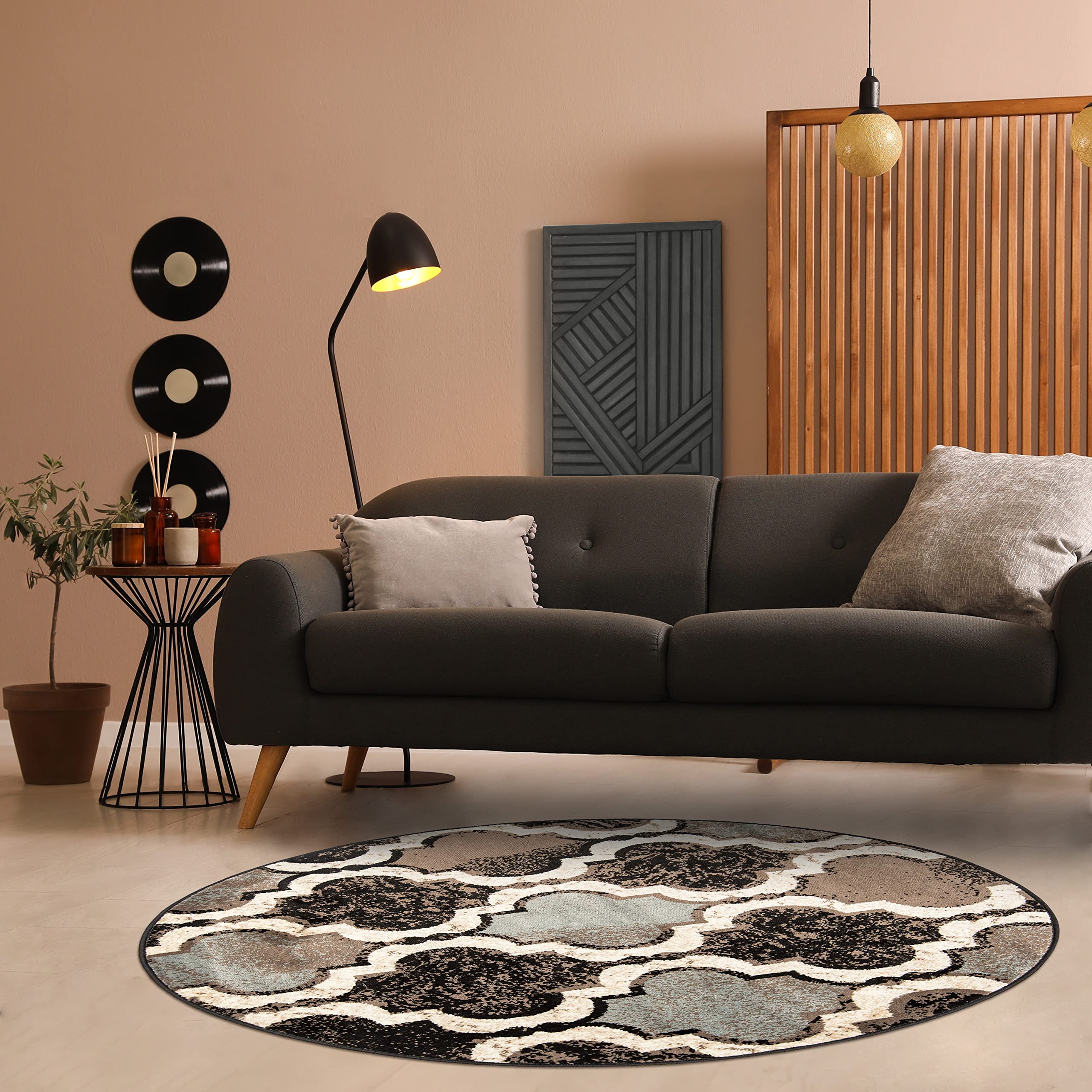 Premium 8' Round Indoor Area Rug - Non-Slip Jute Backing, Modern Trellis Design in Chocolate for Kitchen, Bedroom, Living Room, Entryway, Hallway & Dorm - Perfect for Hardwood Floors & High-Traffic Areas | Viking Inspired Home Decor