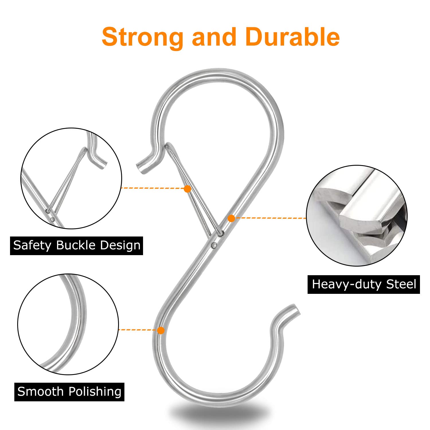 8 Pack Heavy Duty 3.5 Inch S Hooks with Safety Buckle - Silver Metal S-Shaped Hanging Hooks for Kitchen Pot Rack, Closet, Plants, Clothes, Bags & Utensils - Perfect for Home Organization & Storage Solutions