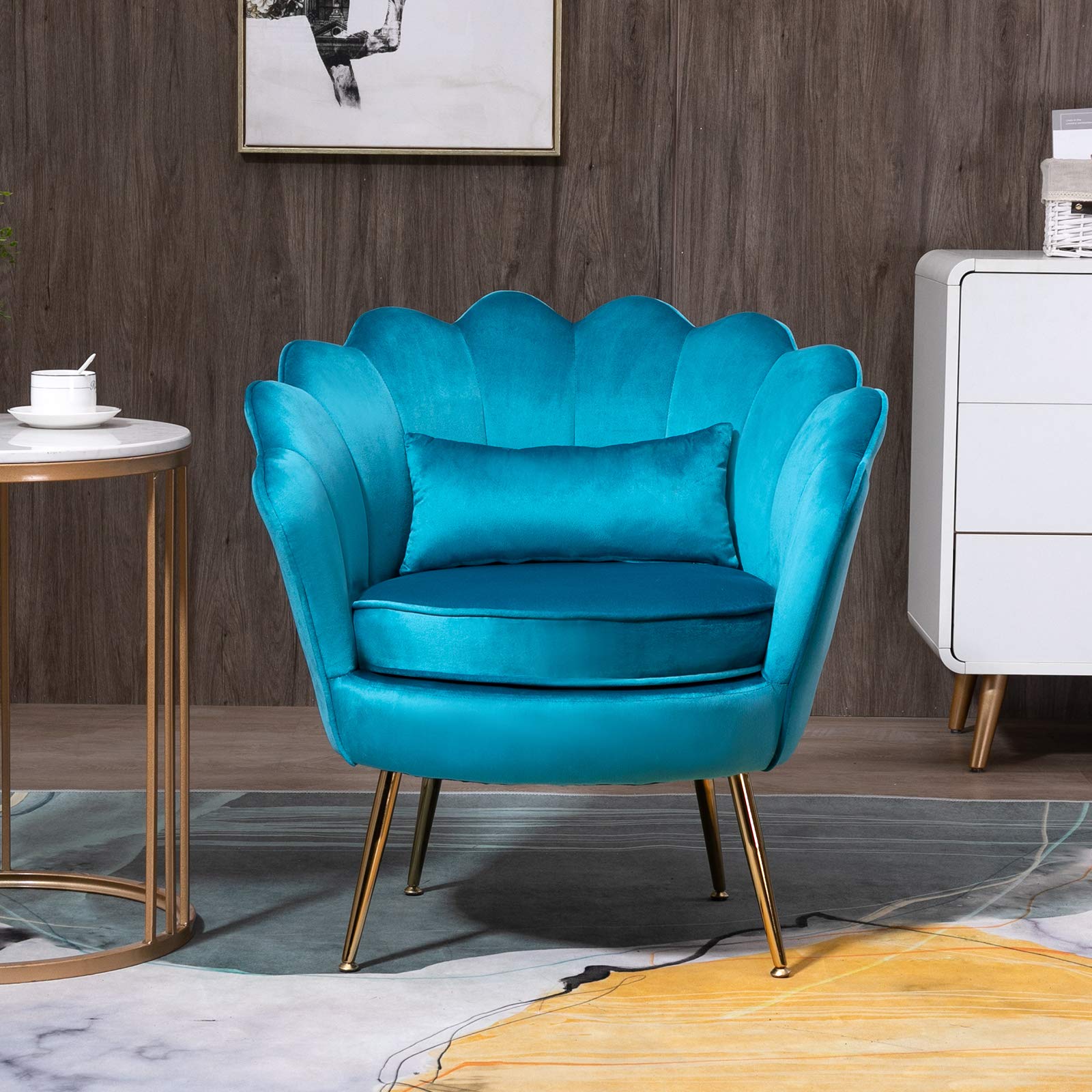 Velvet Accent Chair with Golden Metal Legs - Modern Upholstered Armchair for Bedroom, Living Room & Vanity | Comfy Dining & Makeup Chair, No Wheels | Perfect for Home Decor, Relaxing & Dressing Areas (Azure)