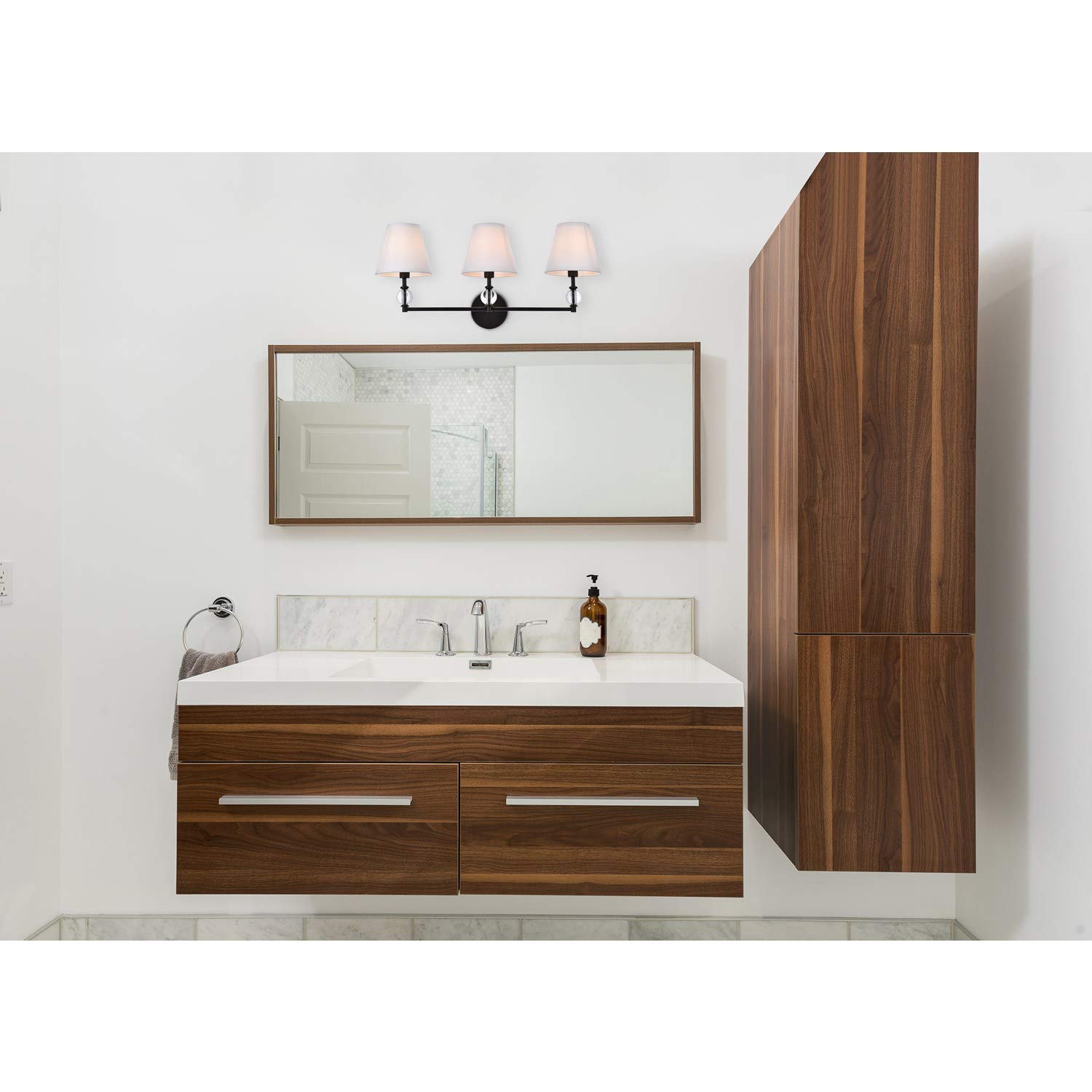 Bethany 3-Light Black Bathroom Wall Sconce with White Fabric Shade - Perfect for Vanity Lighting, Powder Room Decor & Spa-Style Bathroom Ambience