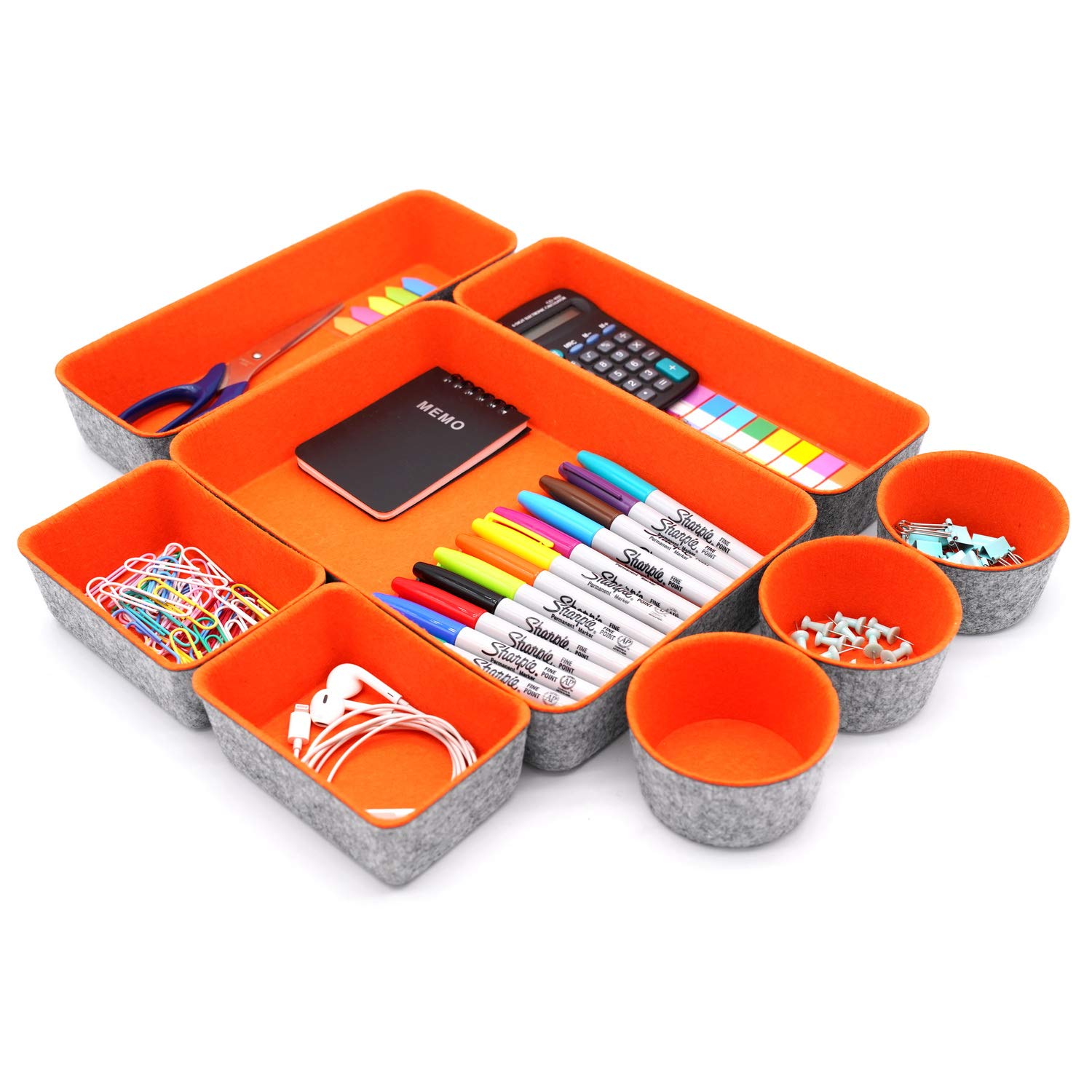 Welaxy 8-Piece Drawer Organizer Trays - Orange Storage Bins & Dividers for Office Supplies, Stationery, Junk - Home & Dorm Organization Solution (Perfect for Desk, Kitchen, Bathroom Organization)