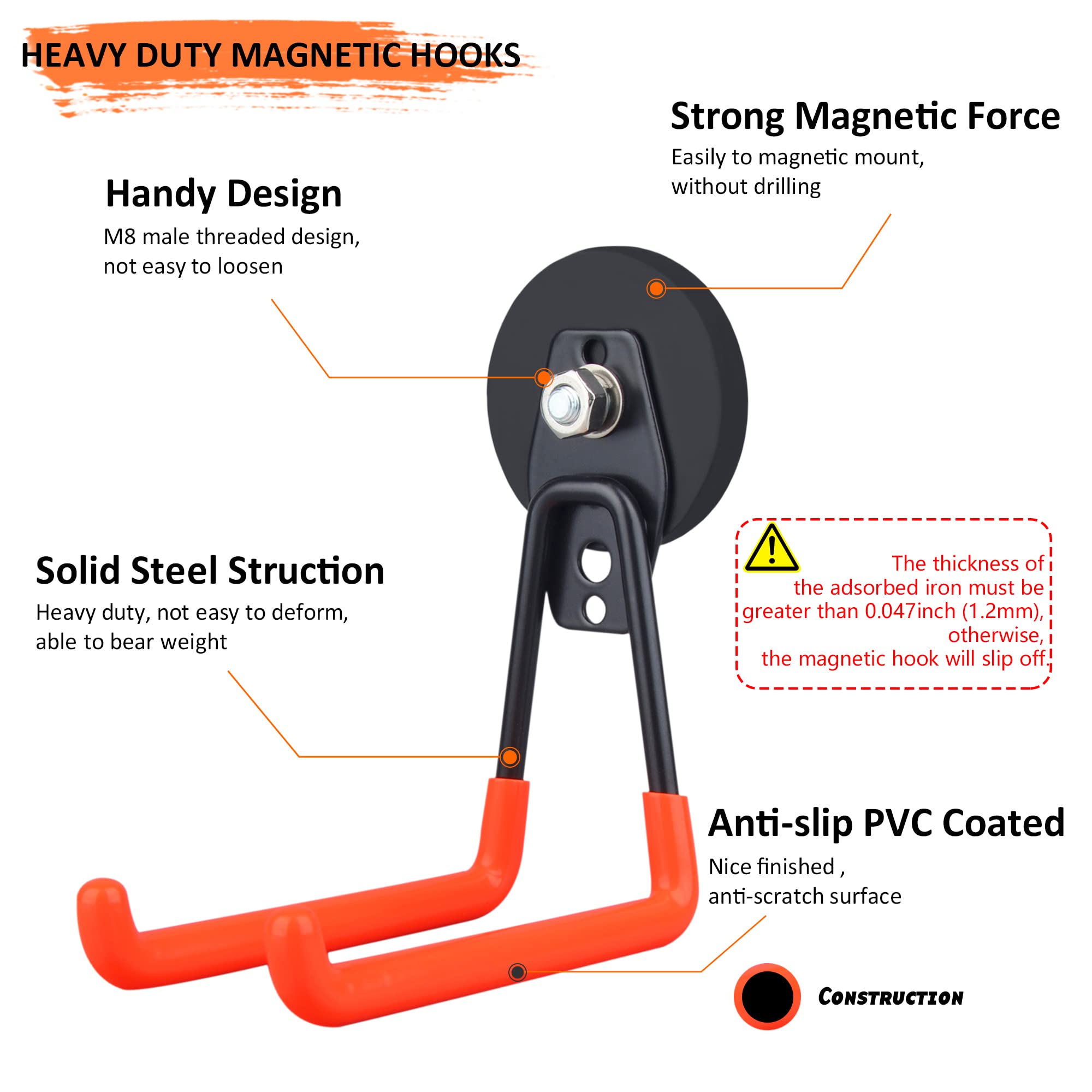 Heavy Duty Magnetic Hooks (2 Pack) - Strong Anti-Slide Garage Hangers for Tool Organization - Perfect for Power Drills, Garden Tools, Hoses & Workshop Storage - Ideal for Garage, Tool Chest & Steel Pegboard Mounting
