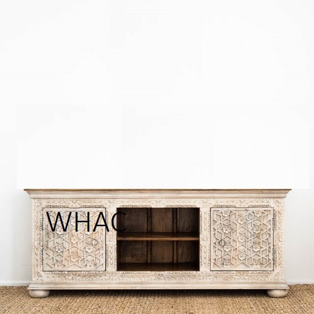 Hand Carved Floral Design Wooden TV Stand - Rustic Media Console Table with Storage Shelf for Living Room, Bedroom & Home Decor