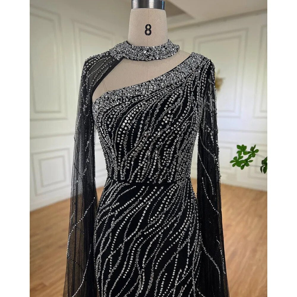 Elegant Black Mermaid Evening Gown with Cape Sleeves & Beaded Details - Luxury Women's Formal Dress for Arabic Parties, Galas & Special Occasions | Serene Hill LA72112