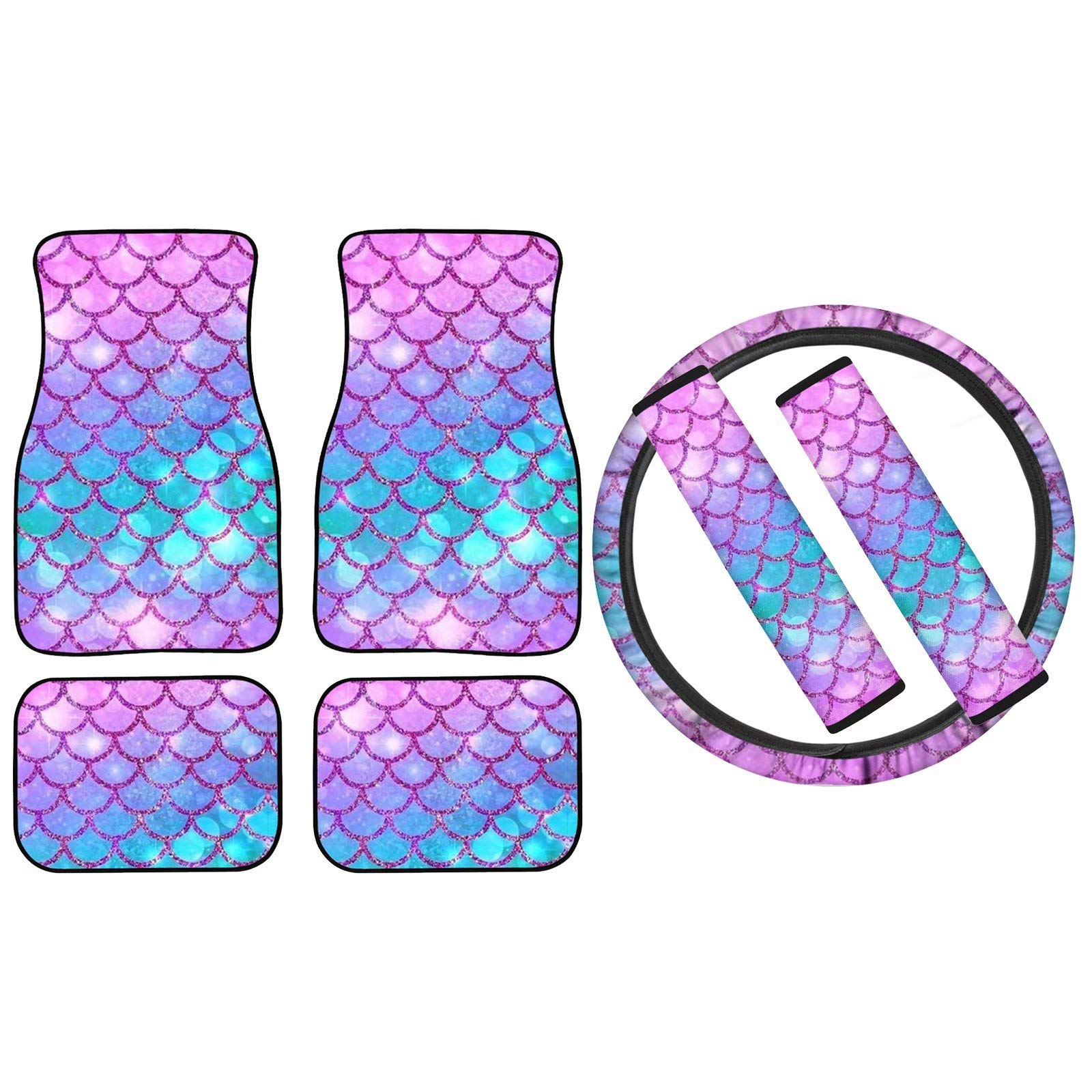 Tupalatus 7-Piece Pink Mermaid Scale Car Accessories Set - Waterproof Neoprene Car Mats, Seat Belt Pads, Steering Wheel Cover - Universal Fit for Women - Perfect for Beach Trips, Road Trips & Car Decor