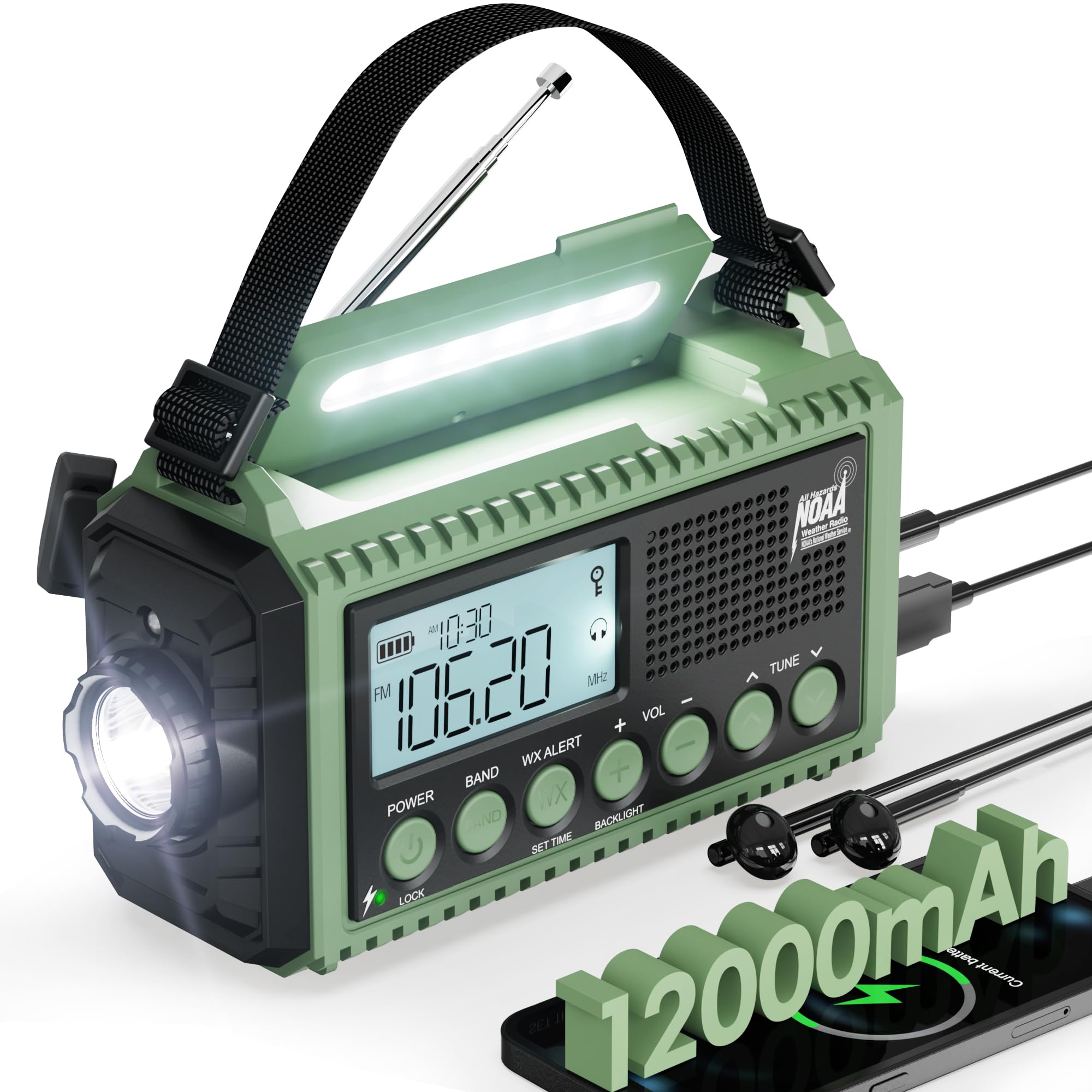 12000mAh Solar Hand Crank Emergency Weather Radio - NOAA/AM/FM/Shortwave, Reading Lamp, Flashlight, SOS Alarm, USB Charger for Outdoor Camping, Hiking & Emergency Survival Kits