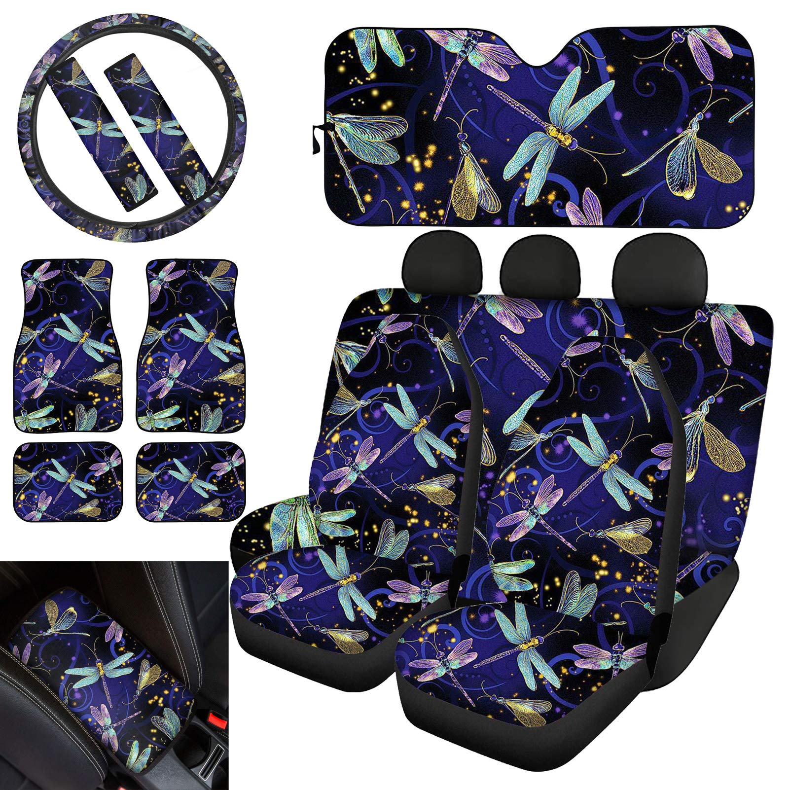Xhuibop Neon Dragonflies Car Seat Covers Full Set - Automotive Interior Accessories with Steering Wheel Cover, Comfortable Seat Belt Pads, Foldable Sunshade & Non-Slip Floor Mats - Perfect for Road Trips, Daily Commutes and Car Protection