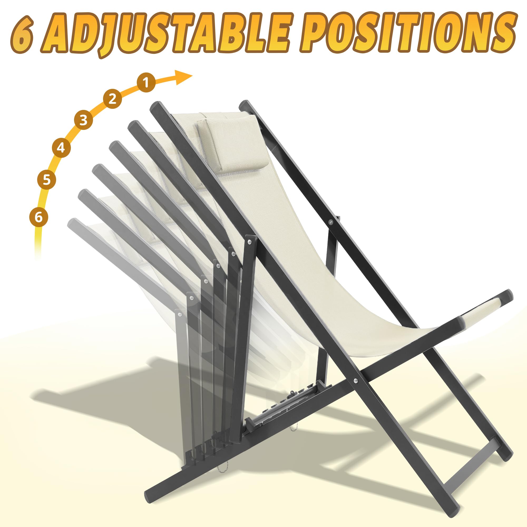 Set of 2 Outdoor Patio Sling Chairs with Matching Ottomans - Lightweight Foldable Aluminum Frame - Perfect for Deck, Poolside or Beach Relaxation - Beige - Ideal for Backyard, Garden and Vacation Homes