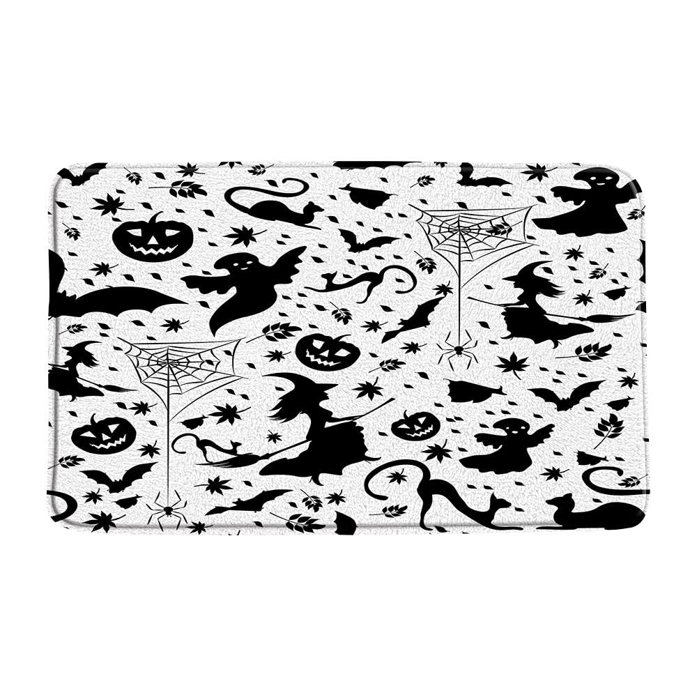 Halloween Bath Mat - Pumpkin Head Funny Ghost Witch Bats Maple Leaf Spooky Spider Web Cat Magical Hat Design - Black & White Bathroom Decor - Microfiber Memory Foam Backing - Non-Slip Bath Rugs (16x48 Inch) - Perfect for Halloween Party Decor & Spooky Bathroom Makeover