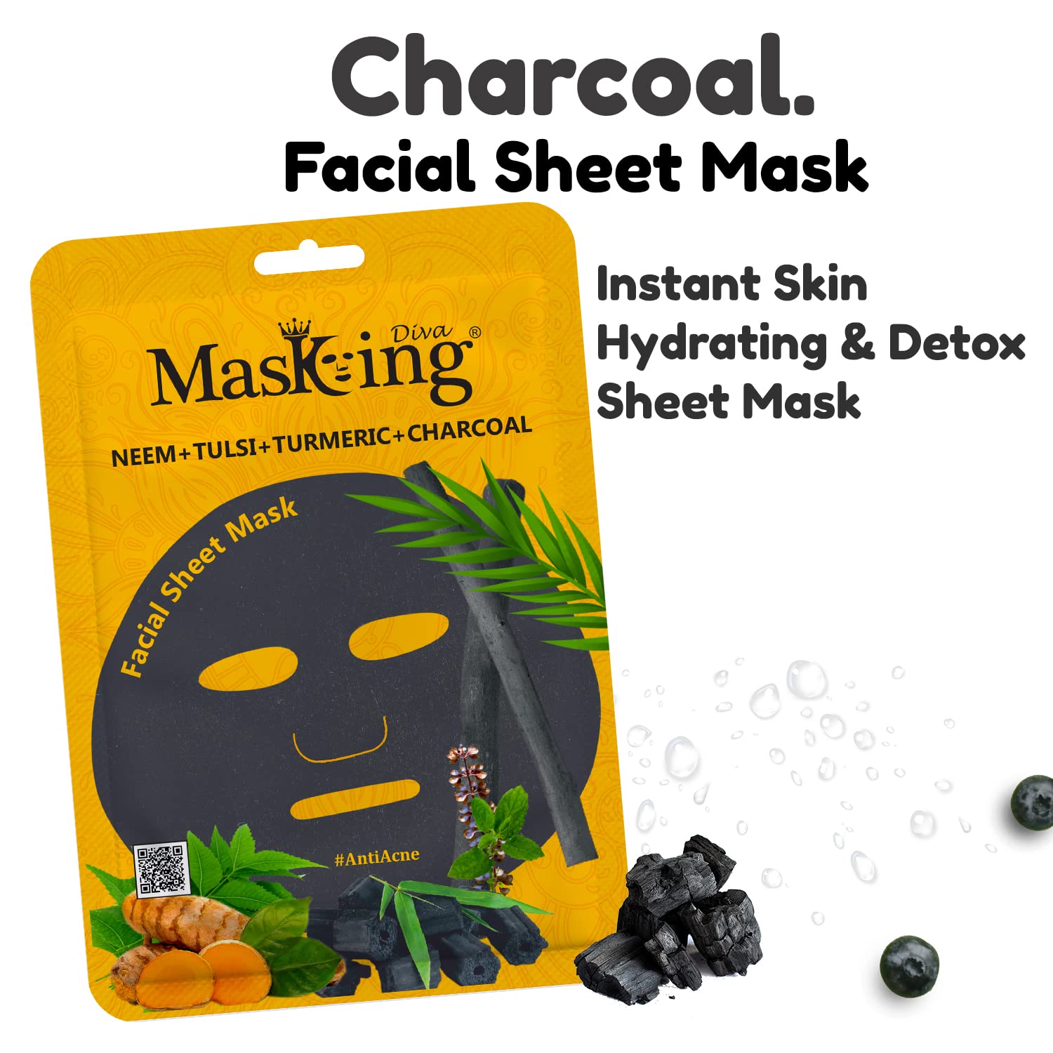 Masking Diva Charcoal Face Sheet Mask - Natural Bamboo & Tea Tree Facial Mask with Detoxifying Charcoal for Deep Cleansing, Anti-Aging & Skin Purification (Pack of 4) | Perfect for Spa Nights, Self-Care Routines & Glowing Skin