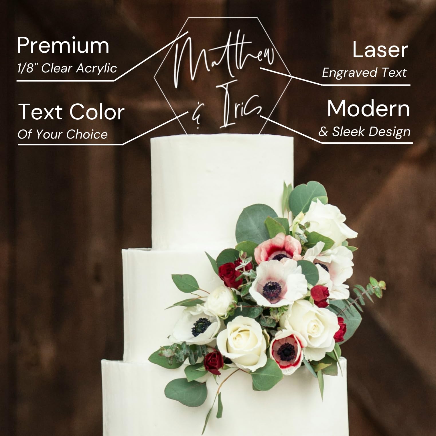 Custom Hexagonal Acrylic Wedding Cake Topper with Names - Personalized Lioness Design for Wedding Cakes, Anniversary & Special Celebrations