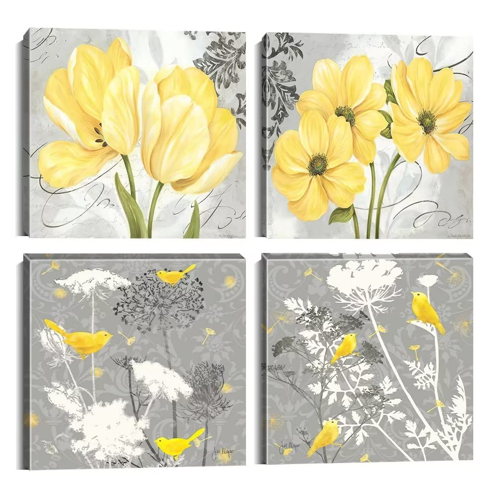 Yellow and Gray Floral Canvas Wall Art - 4 Panel Framed HDQ Picture for Bathroom Decor | Perfect for Home, Office & Spa Interior Design