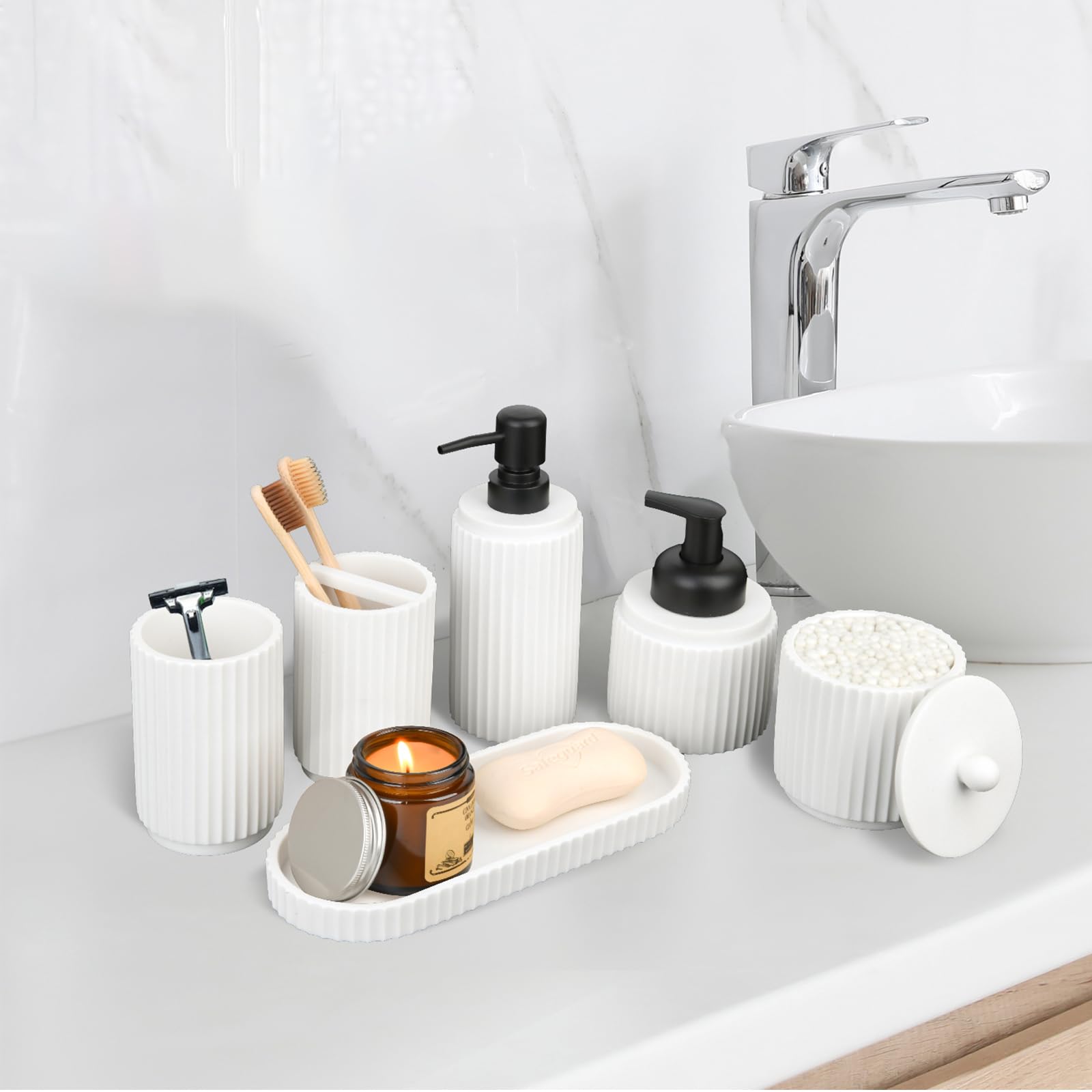 6-Piece White Bathroom Accessory Set - Toothbrush Holder, Soap Dispenser, Vanity Tray, Tumbler & Organizer | Modern Countertop Storage for Bathroom, Guest Room & Spa Decor