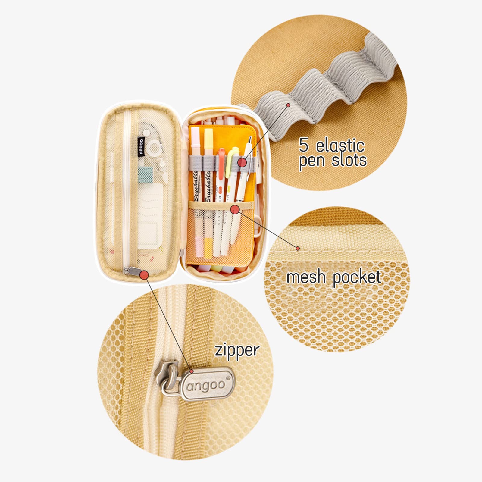 Rookin Large Capacity Pencil Case for School & Office - Multilayer Zippered Stationery Organizer with Storage Pockets - Perfect Gift for Kids, Students & Professionals (Khaki) - Ideal for Classroom, Homework & Office Supplies Organization