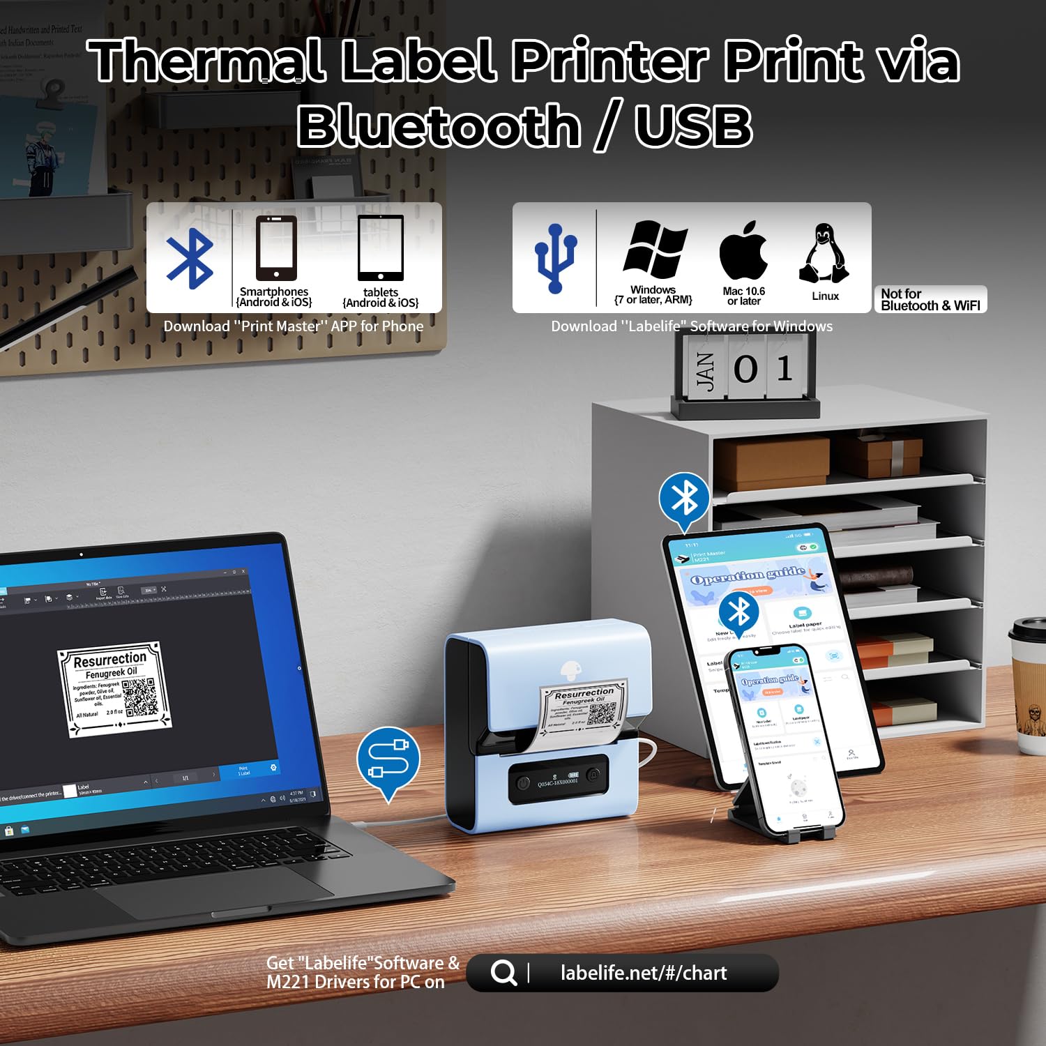 Phomemo M221 Bluetooth Label Printer - Portable Thermal Barcode Label Maker with Tape for Small Business, Clothing & Mailing | Compatible with Phone & PC (Blue) | Perfect for Home Organization, Retail Pricing & Shipping Labels